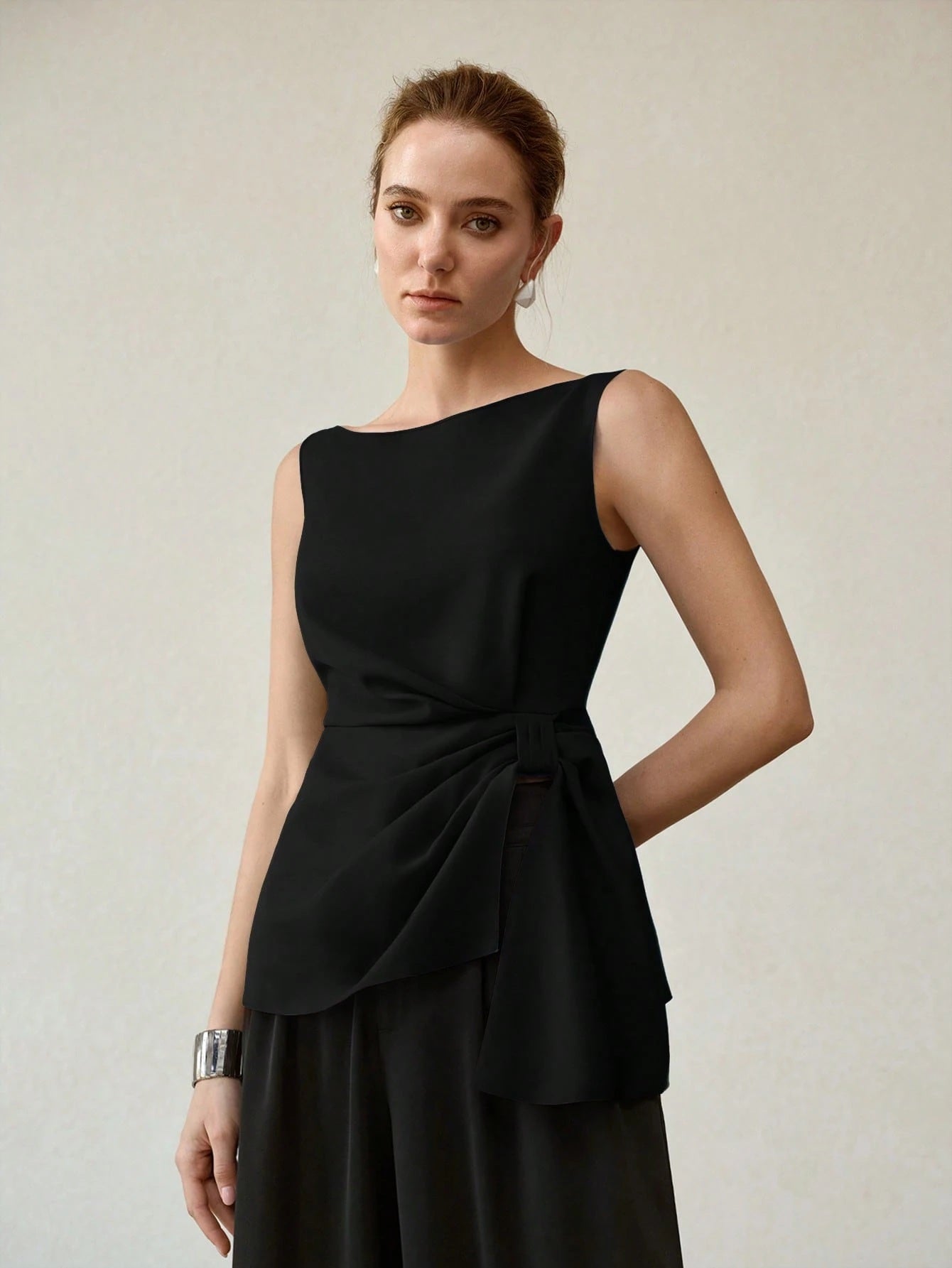 CM-TS013764 Women Elegant Seoul Style Side Knot Boat Neck Sleeveless Blouse - Black