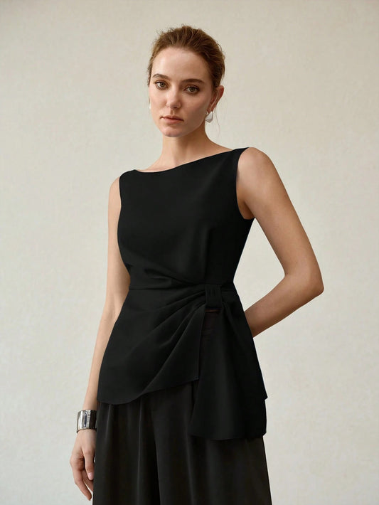 CM-TS013764 Women Elegant Seoul Style Side Knot Boat Neck Sleeveless Blouse - Black