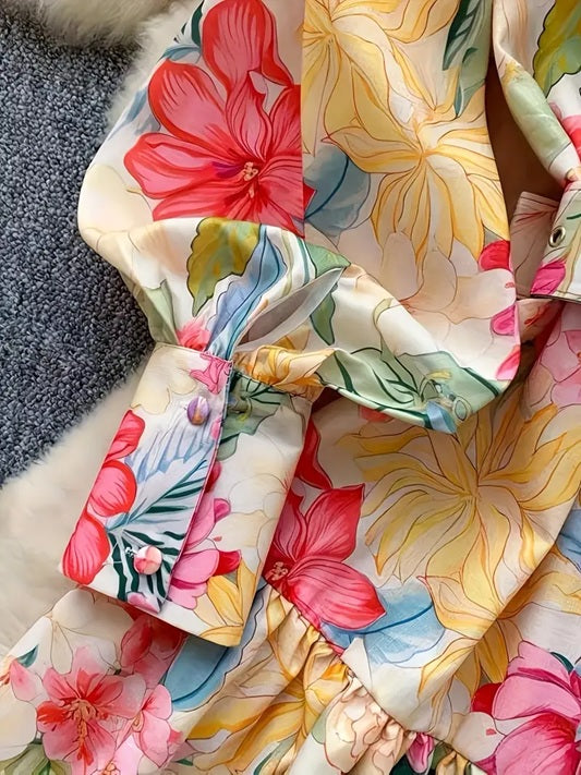 CM-DT726427 Women Elegant Seoul Style Stand Collar Long Sleeve Floral Print Peplum Short Dress