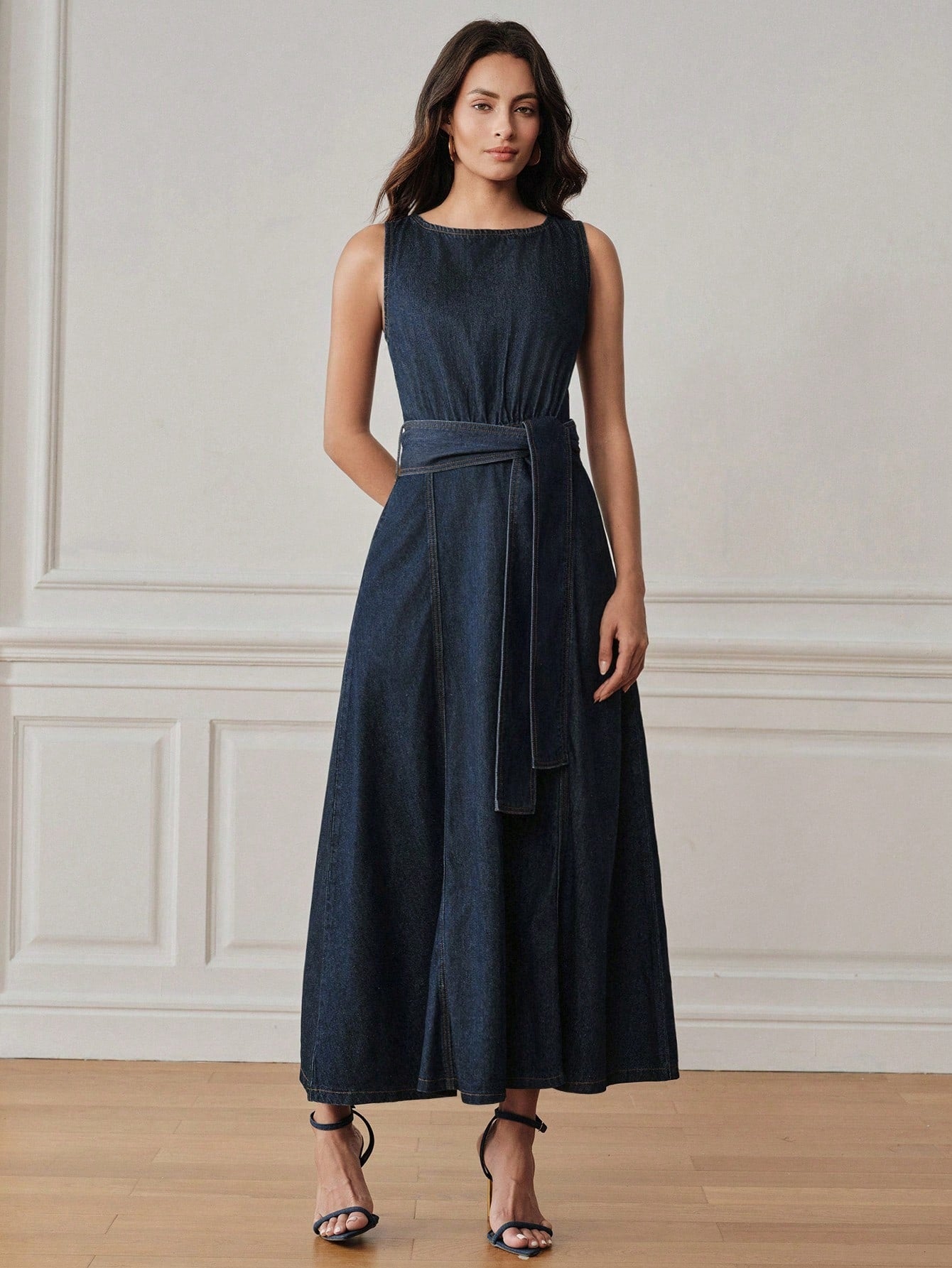 CM-DS406448 Women Elegant Seoul Style Round Neck Sleeveless Belted A-Line Denim Dress - Blue