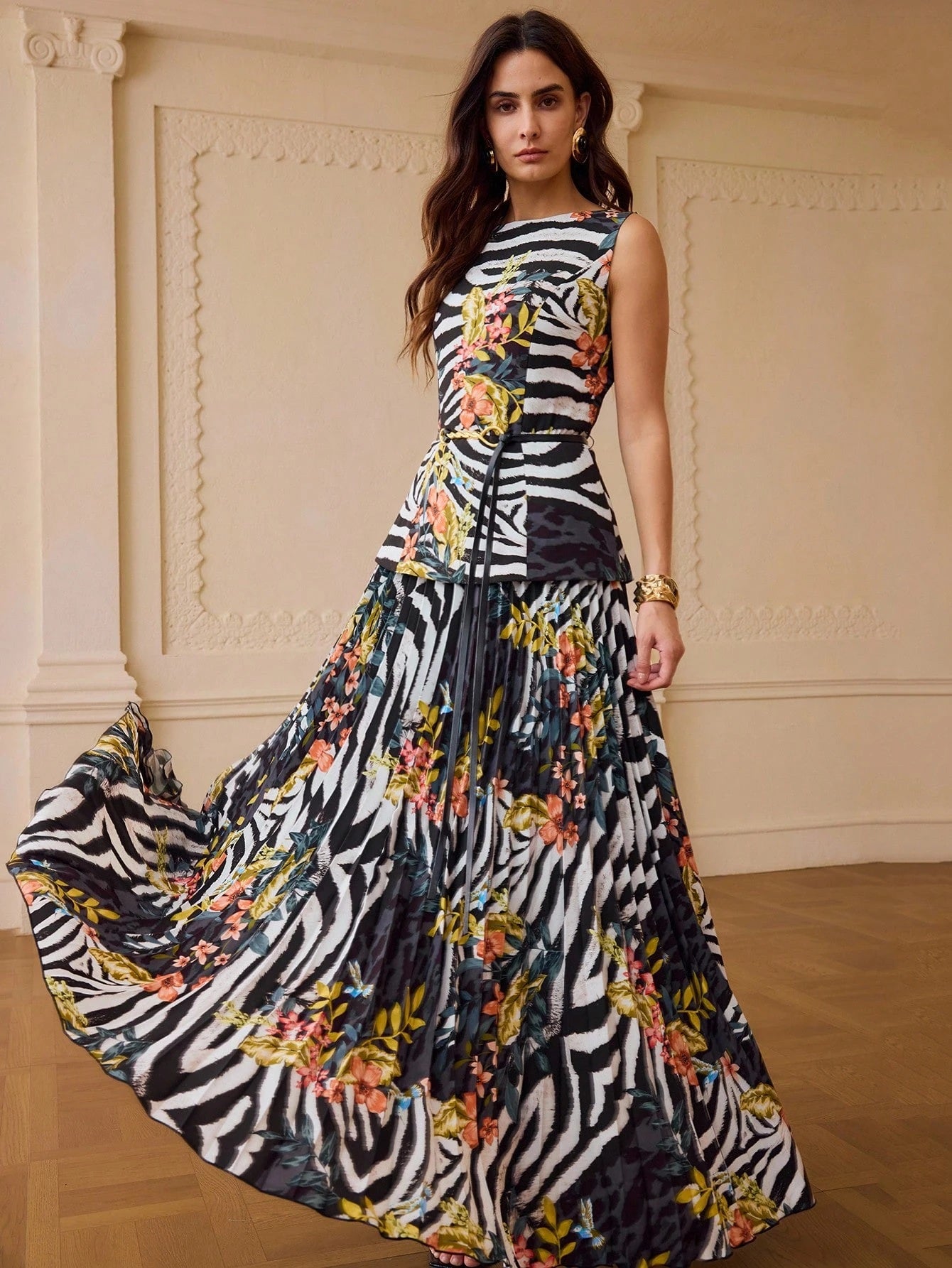 CM-DS902477 Women Elegant Seoul Style Round Neck Sleeveless Floral Print Zebra Stripe Dress