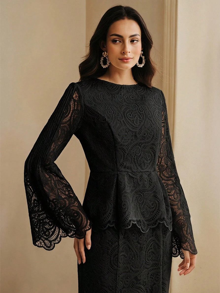 CM-TS175417 Women Elegant Seoul Style Round Neck Lace Bell Extra Long Sleeve Top - Black