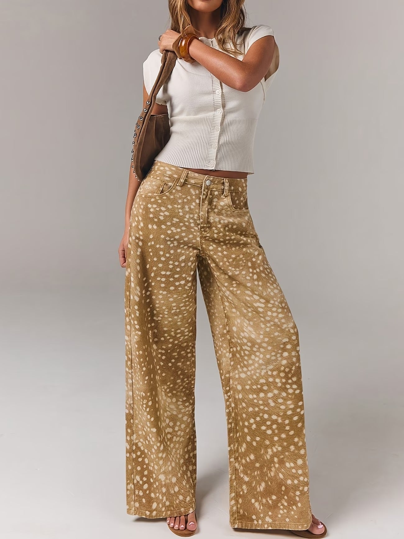 CM-BT263623 Women Casual Seoul Style High Waisted Draped Speckled All-Over Print Wide Leg Denim Jeans