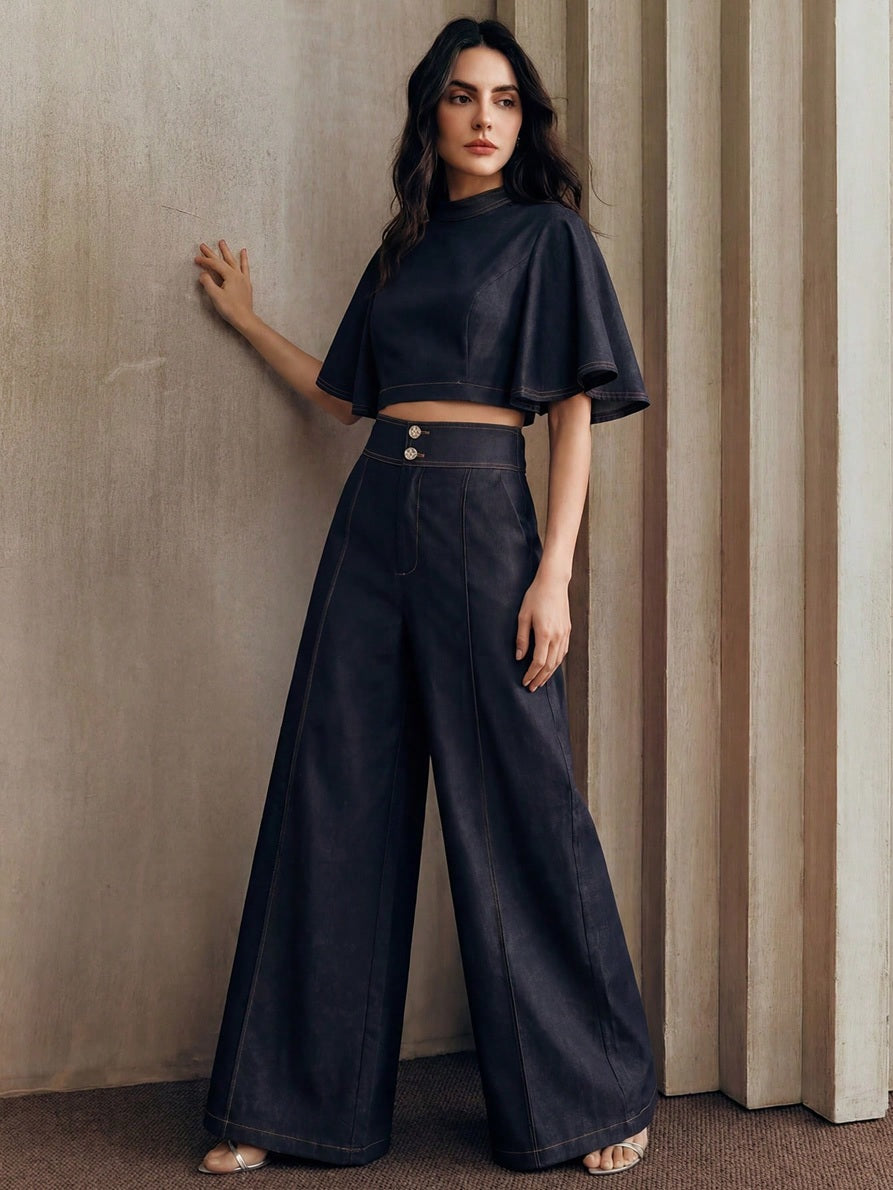 CM-SS444648 Women Elegant Seoul Style Short Sleeve Cape Colorblock Embroidered Top With High-Waist Wide-Leg Trousers - Set