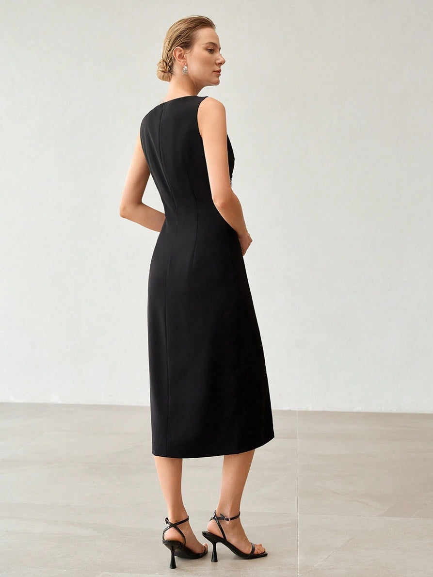 CM-DS026972 Women Elegant Seoul Style Round Neck Sleeveless Faux Pearl Decor Hollow Out High Slit Hem Dress - Black