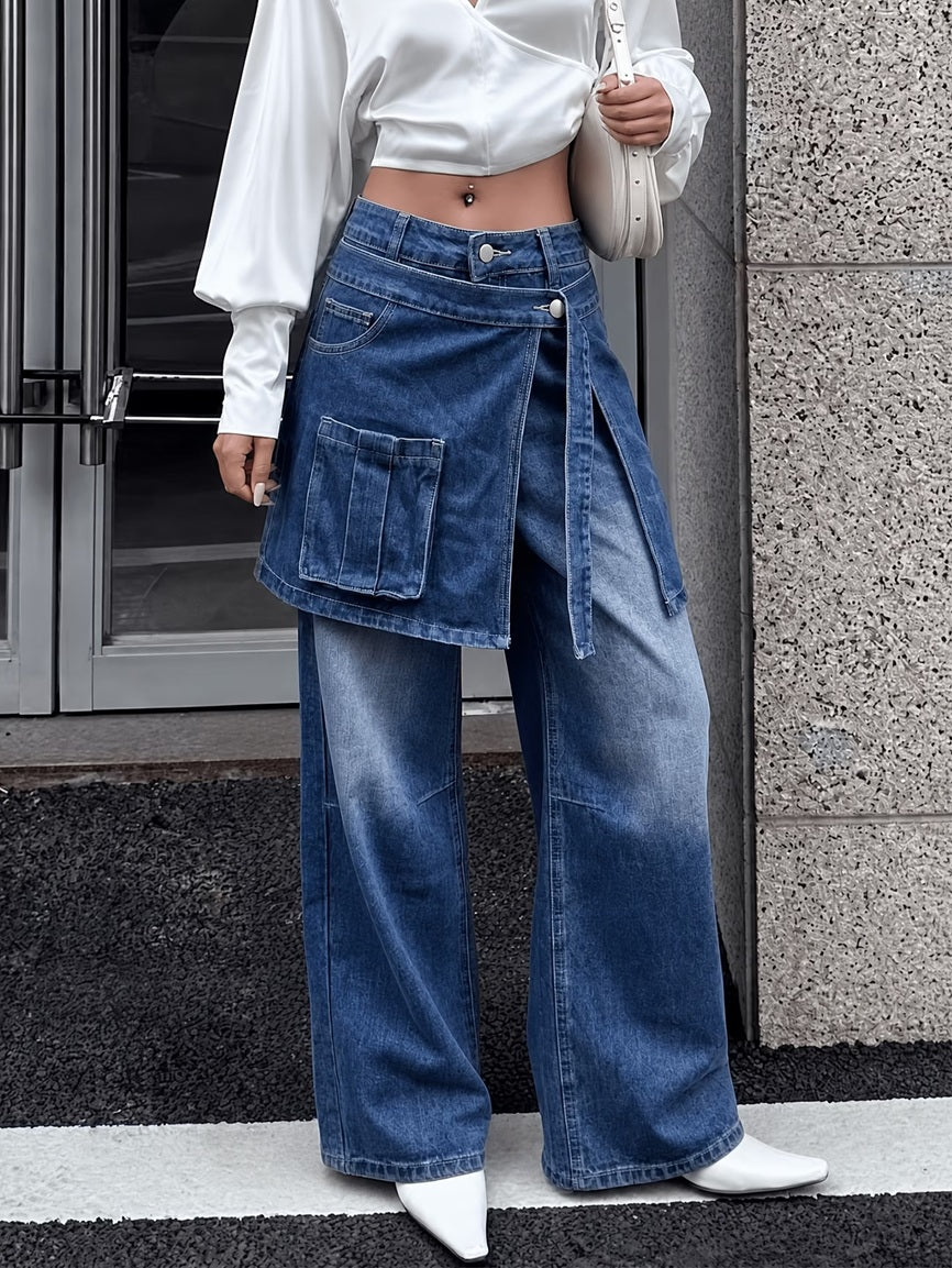 CM-BT684555 Women Casual Seoul Style Solid Color 2-in-1 Wide-Leg Jeans - Blue
