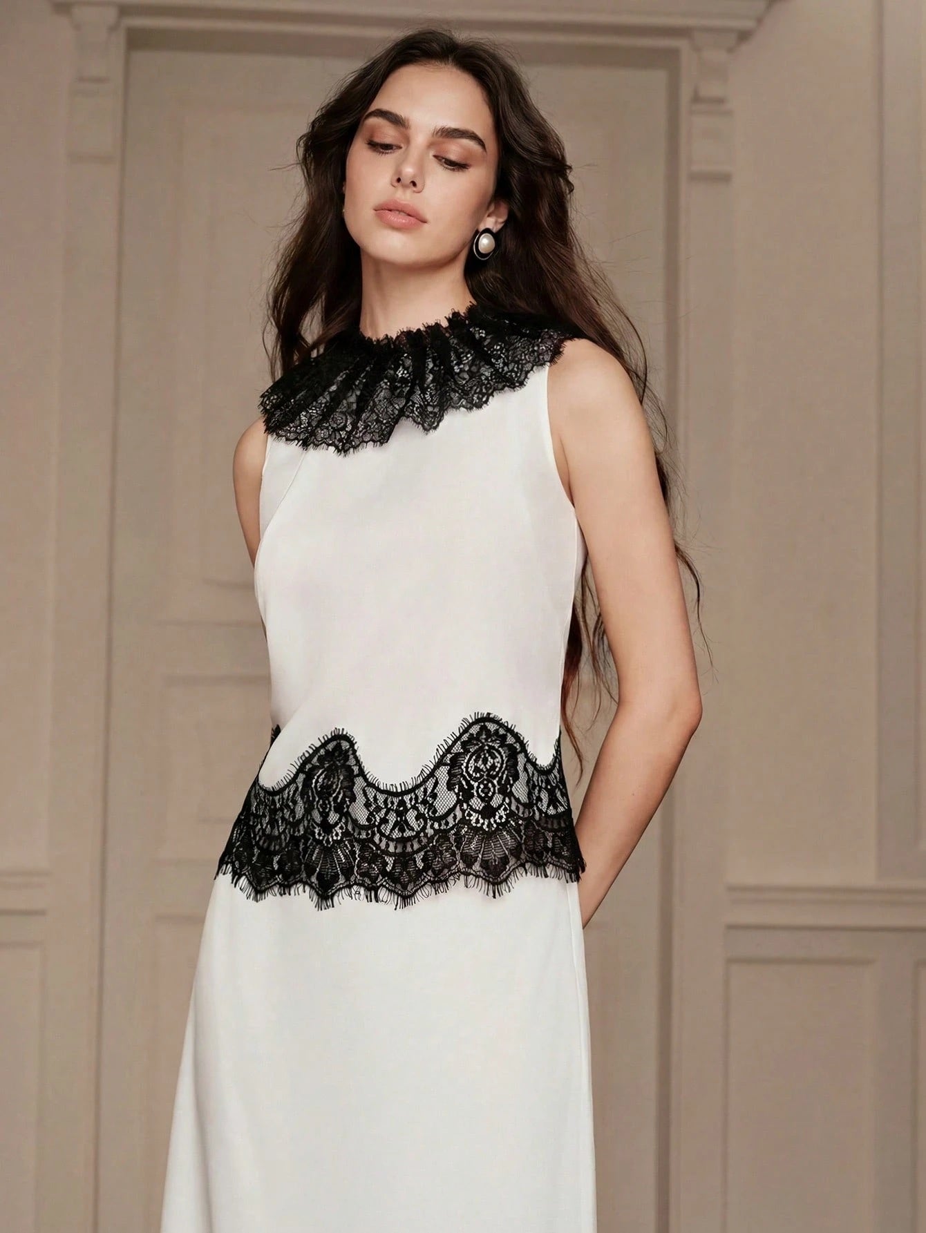 CM-SS166997 Women Elegant Seoul Style Contrast Color Lace Trim Patchwork Sleeveless Top With Maxi Skirt - Set