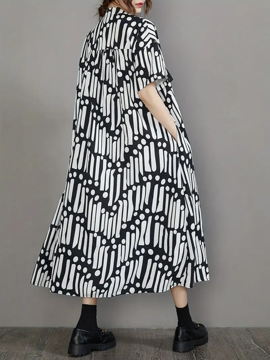 CM-DT232374 Women Casual Seoul Style Stand Collar Short Sleeve Ruffle Trim Color Block Loose Fit Dress