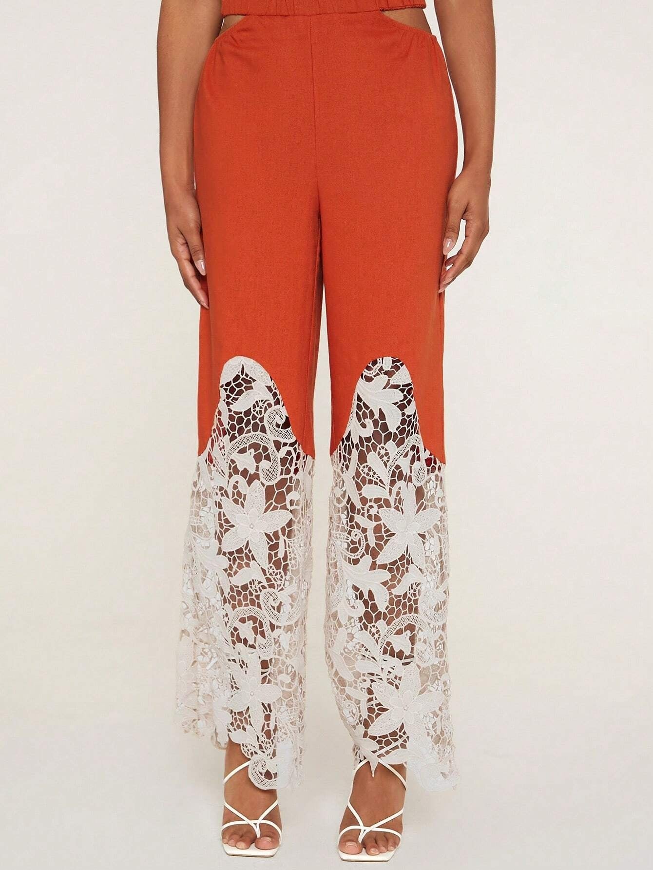 CM-BS331651 Women Elegant Seoul Style Contrast Lace Cut Out Waist Pants