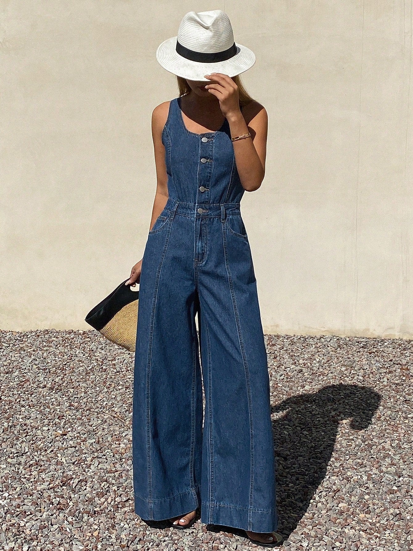 CM-JS194919 Women Elegant Seoul Style Medium Wash Sleeveless Adjustable Strap Loose Straight Leg Denim Jumpsuit