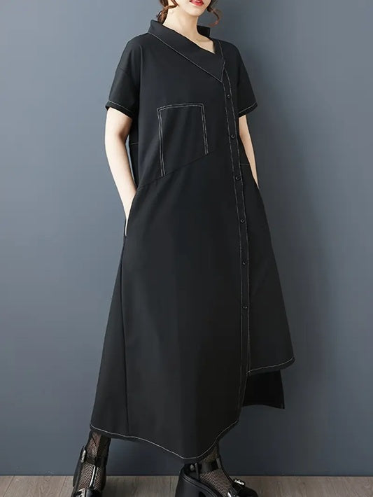 CM-DT599919 Women Elegant Seoul Style Asymmetrical Hem Long Sleeve Loose Fit Shirt Dress - Black