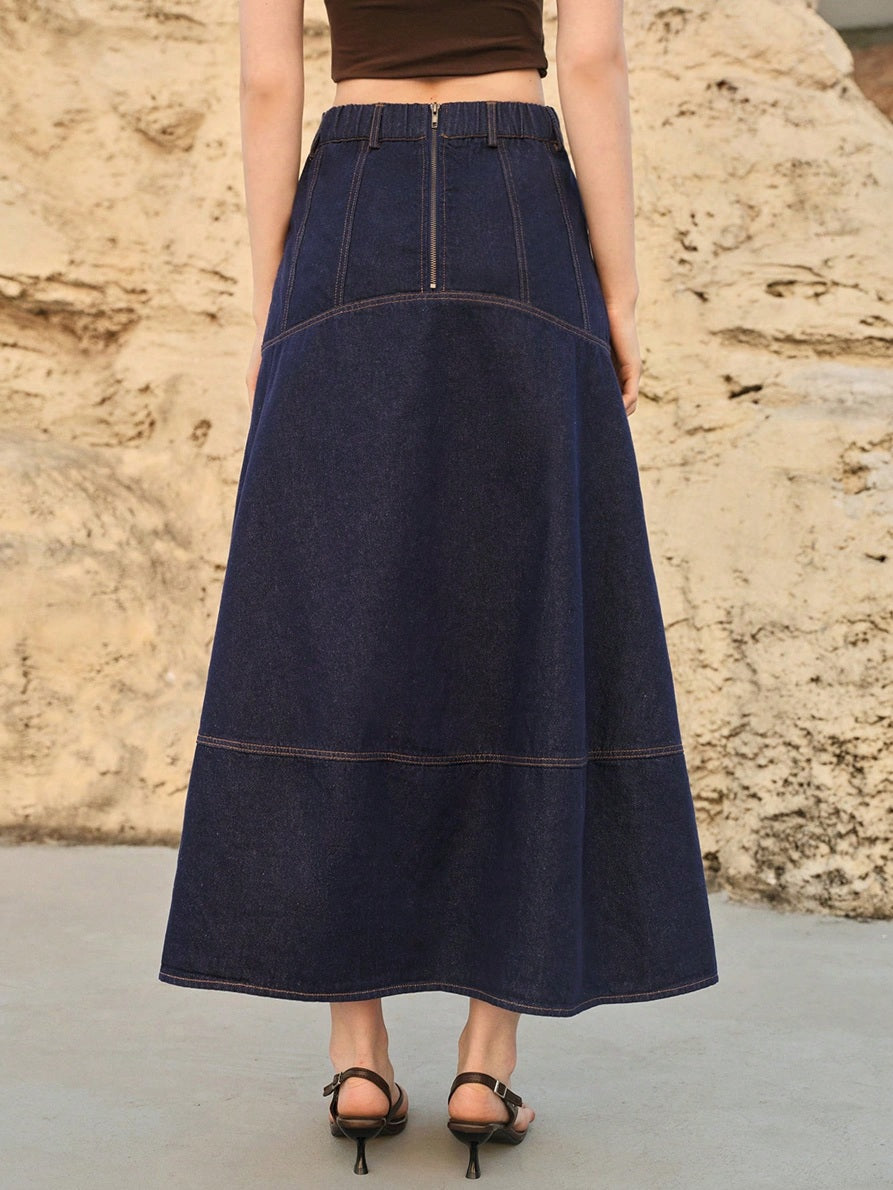 CM-BS331725 Women Casual Seoul Style Mid Waist Slant Pocket A-Line Long Denim Skirt - Navy Blue