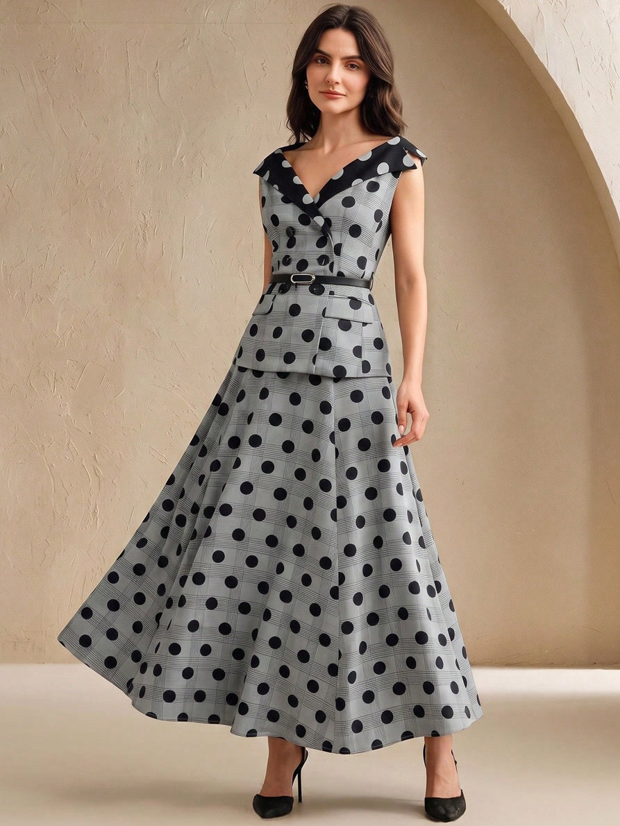 CM-SS819345 Women Elegant Seoul Style Contrast Color V-Neck Sleeveless Polka Dot Print Blouse With Long Skirt - Set