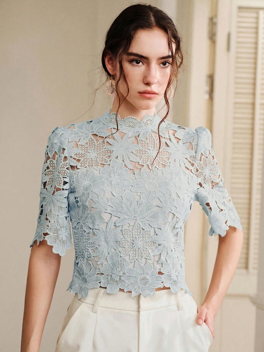 CM-TS859130 Women Elegant Seoul Style Collar Lace Cropped Floral Hollow Out Puff Sleeve Top - Dusty Blue