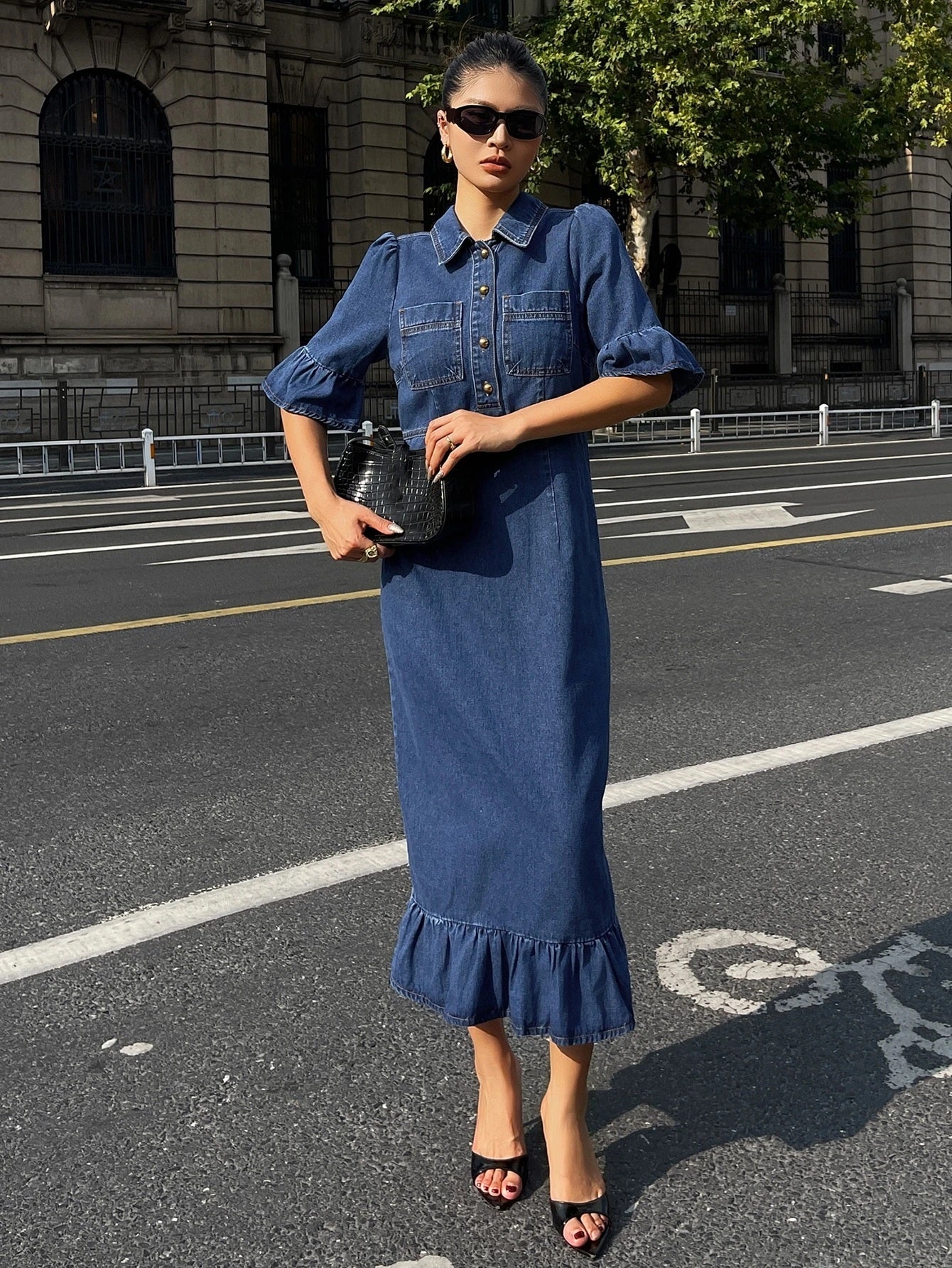 CM-DS370755 Women Casual Seoul Style Turn-Down Collar Cinched Waist Ruffle Hem Midi Dress - Blue