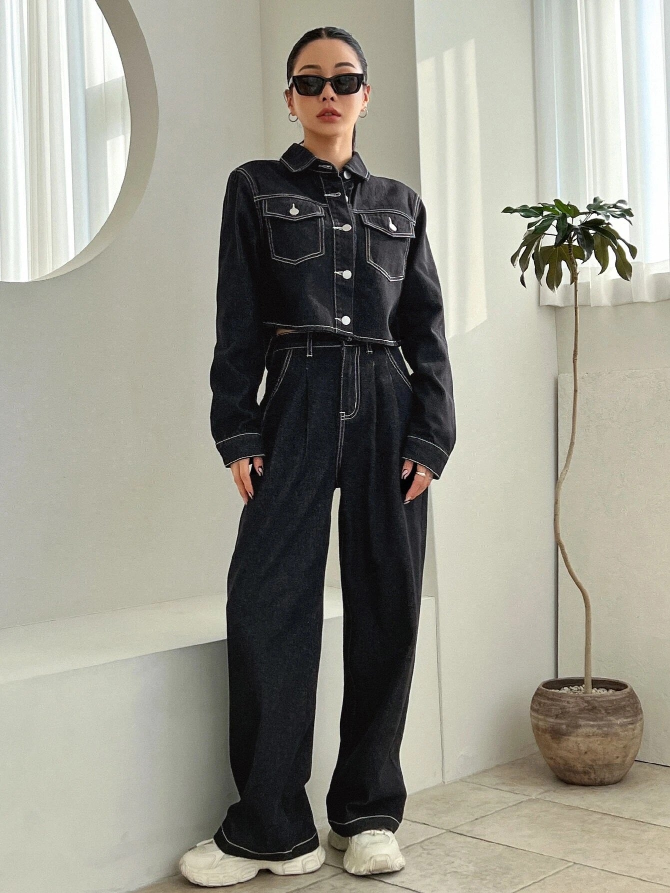 CM-SS935935 Women Preppy Seoul Style Flap Pocket Crop Denim Jacket With Wide Leg Jeans - Set