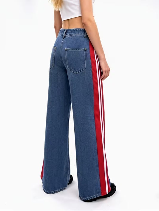 CM-BT576793 Women Casual Seoul Style Patchwork Striped High-Waist Wide-Leg Pants - Red