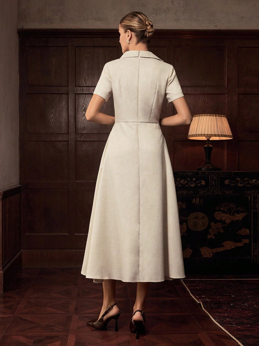CM-DS559145 Women Elegant Seoul Style Asymmetrical Neck Short Sleeve High Waist Split Thigh Midi Dress - Apricot
