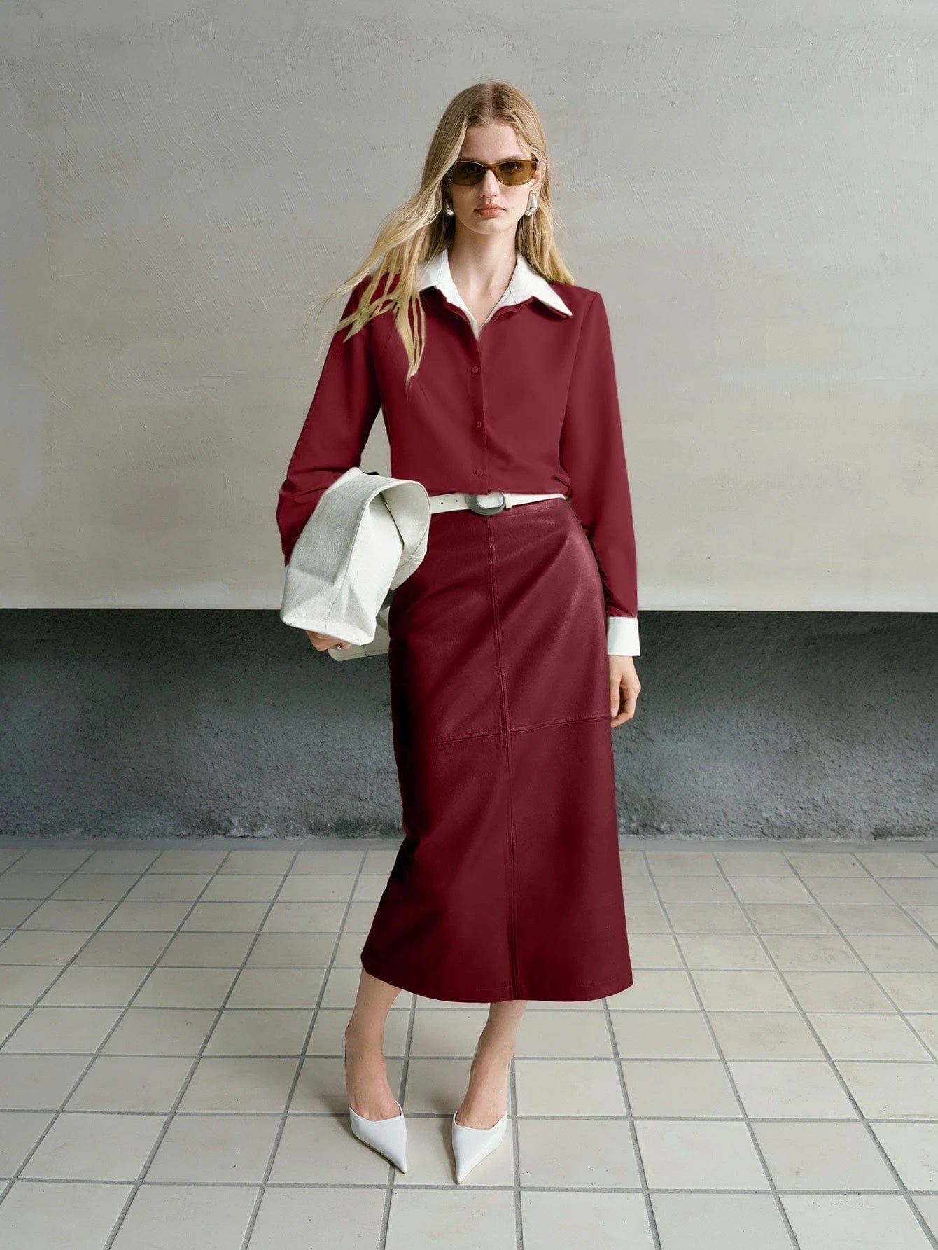 CM-BS407174 Women Elegant Seoul Style Mid Waist PU Leather Elastic Waist Split Hem Skirt - Burgundy