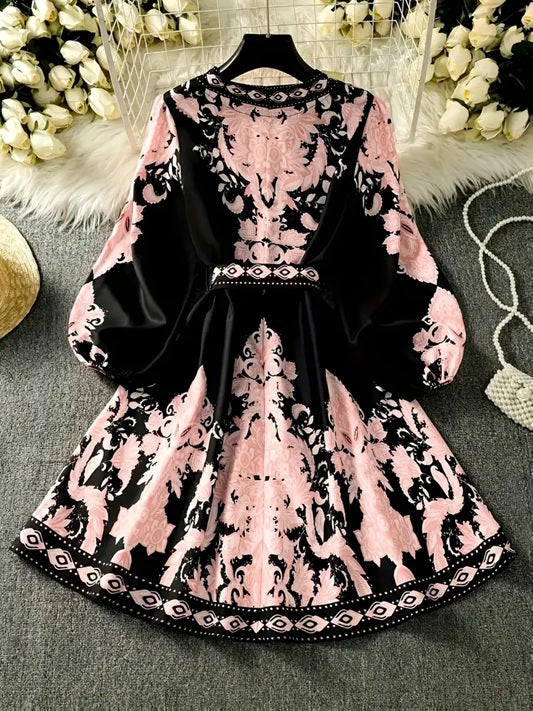 CM-DT520402 Women Elegant Seoul Style V-Neck Sleeveless Geometric Print Belted Mini Dress - Black