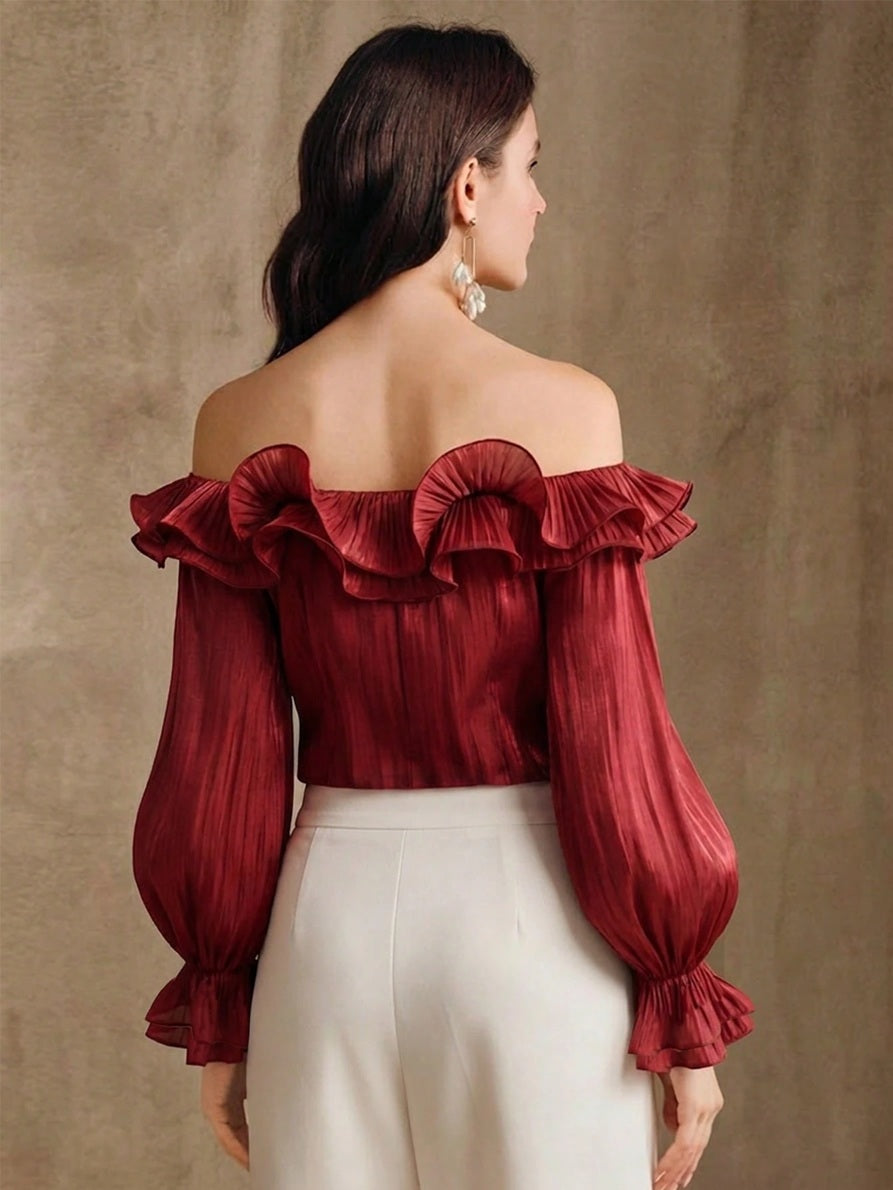 CM-TS097142 Women Elegant Seoul Style Off-Shoulder Loose Hem Wavy Edge Petal Sleeve Flowy Blouse - Burgundy