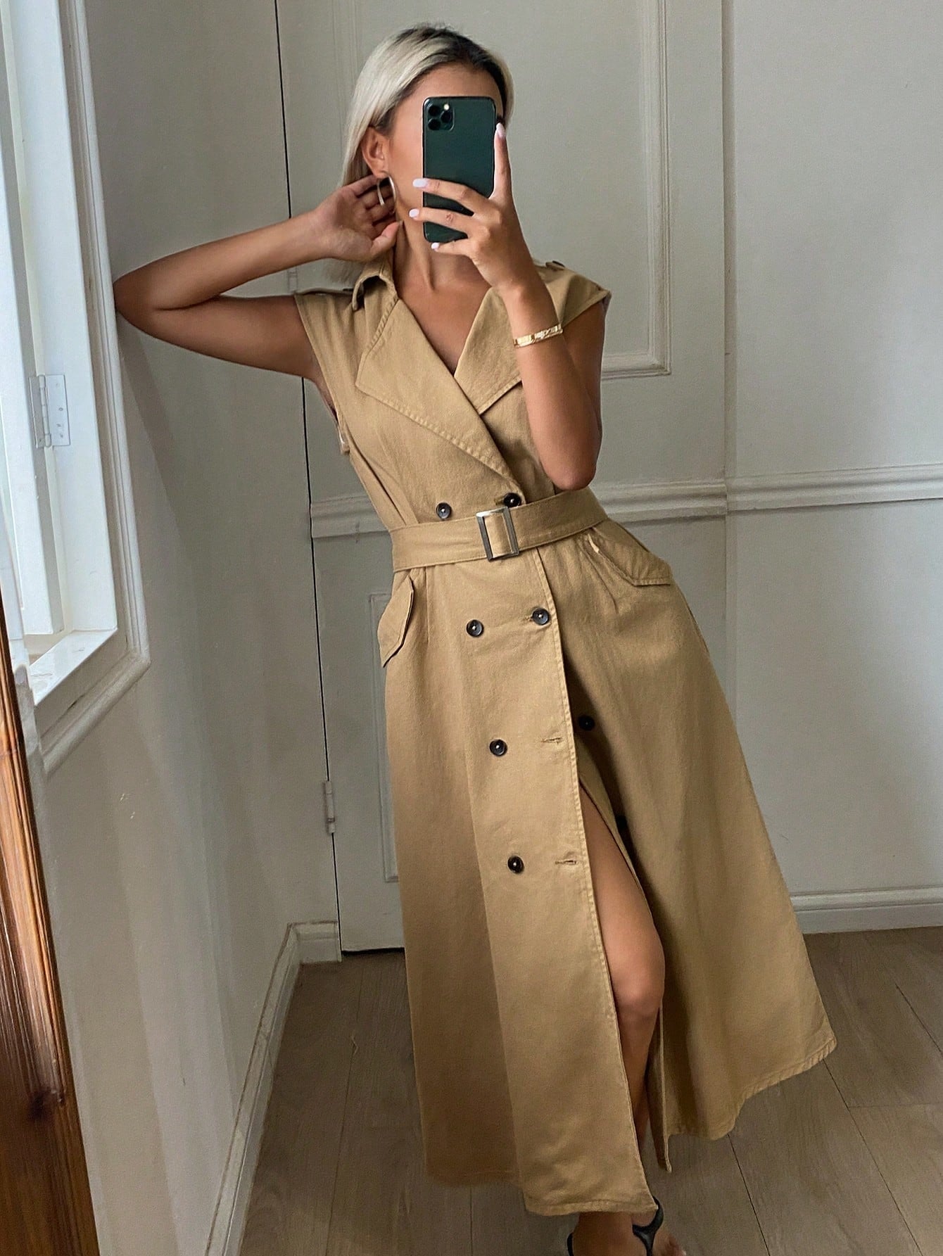 CM-DS808947 Women Casual Seoul Style Lapel Collar Double-Breasted Sleeveless Cinched Waist Denim Dress - Khaki