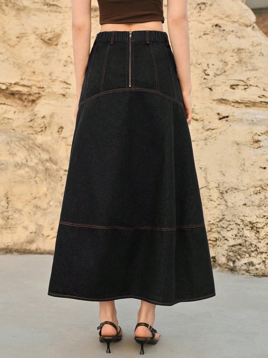 CM-BS379435 Women Casual Seoul Style Mid Waist Slant Pocket A-Line Long Denim Skirt - Black