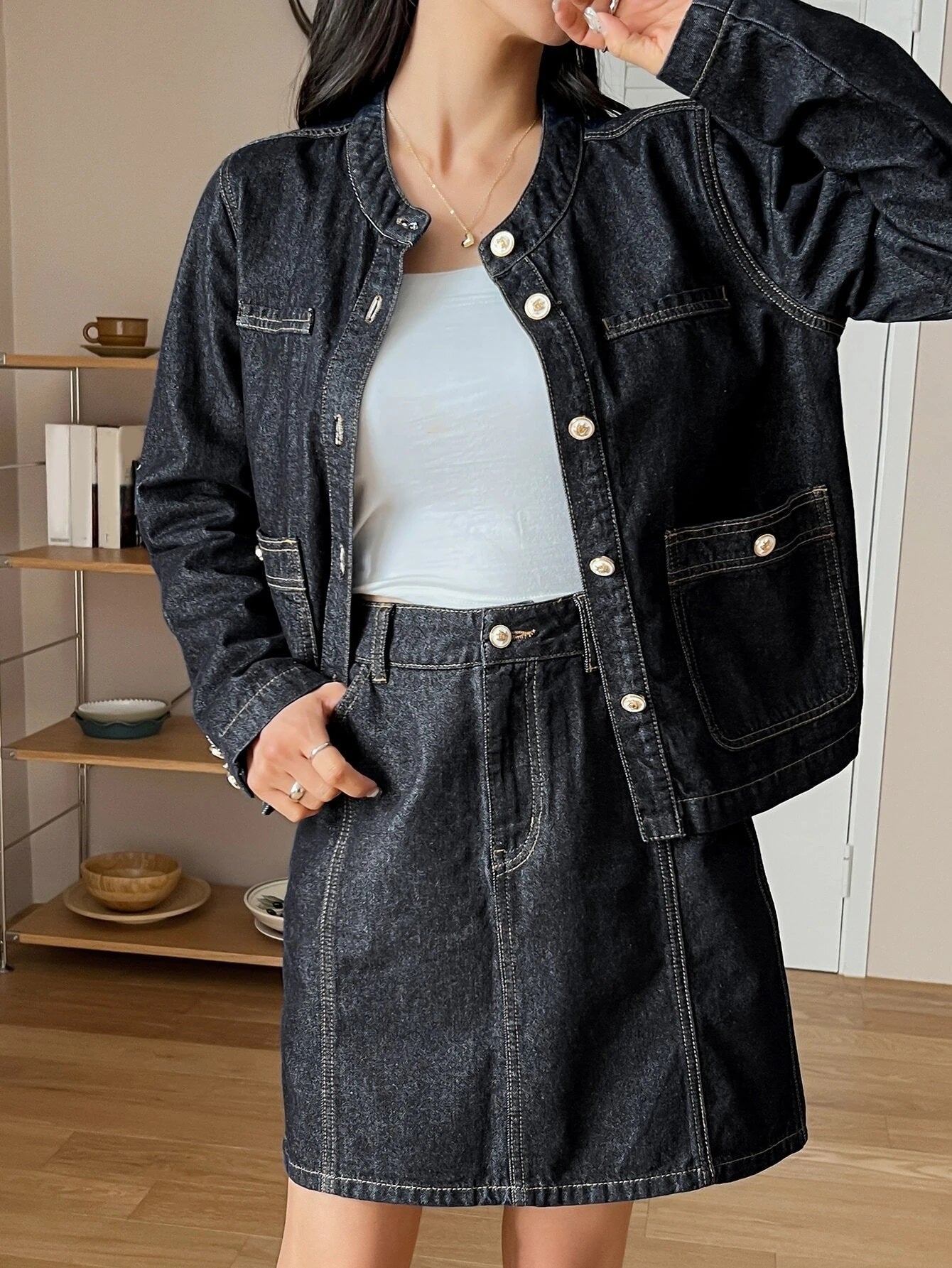 CM-SS746782 Women Preppy Seoul Style Button Front Denim Jacket With Slant Pocket Skirt - Set