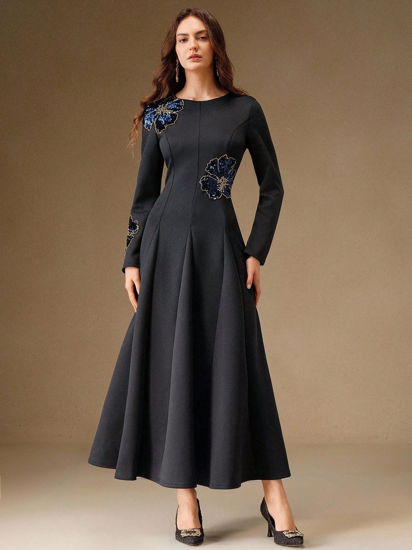 CM-DS316466 Women Elegant Seoul Style Round Neck Long Sleeve High Waist Beaded Floral Pattern Dress - Blue