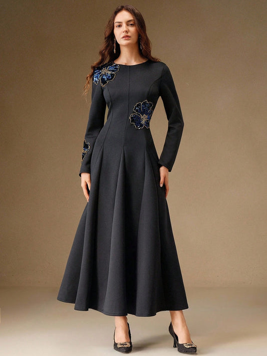 CM-DS316466 Women Elegant Seoul Style Round Neck Long Sleeve High Waist Beaded Floral Pattern Dress - Blue