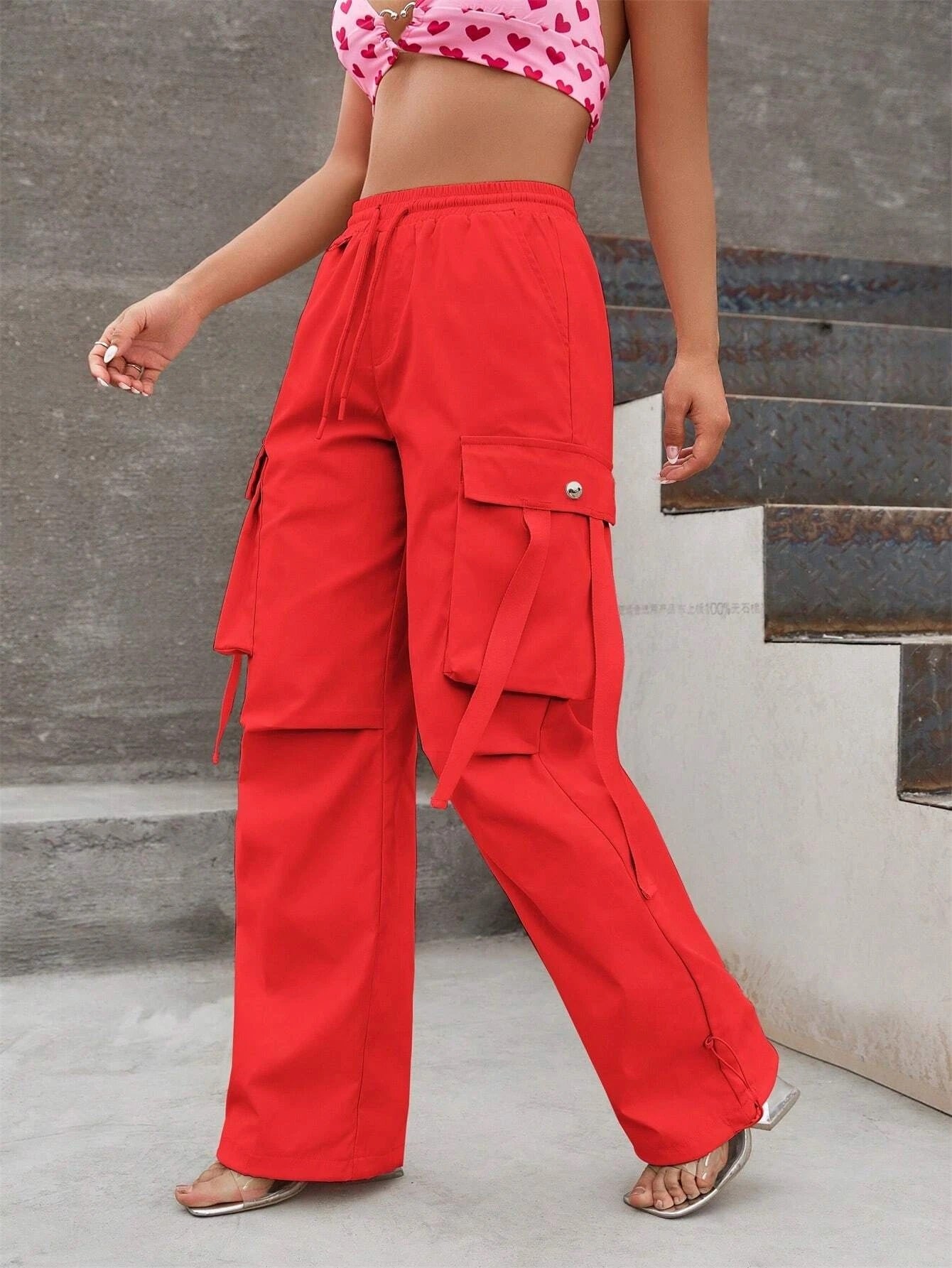 CM-BS432842 Women Casual Seoul Style Flap Pocket Side Drawstring Waist Cargo Pants - Red