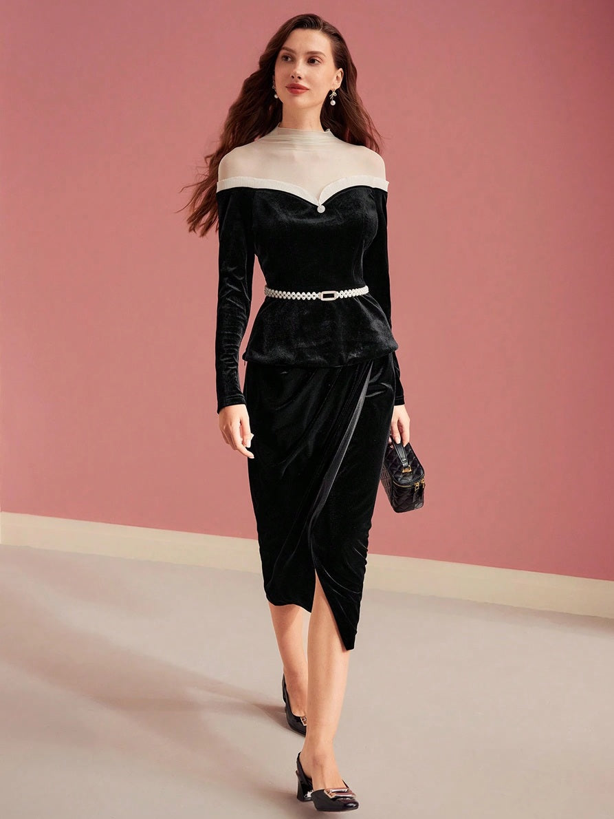 CM-TS319944 Women Elegant Seoul Style Stand Collar Long Sleeve Colorblock Contrast Mesh Velvet Top