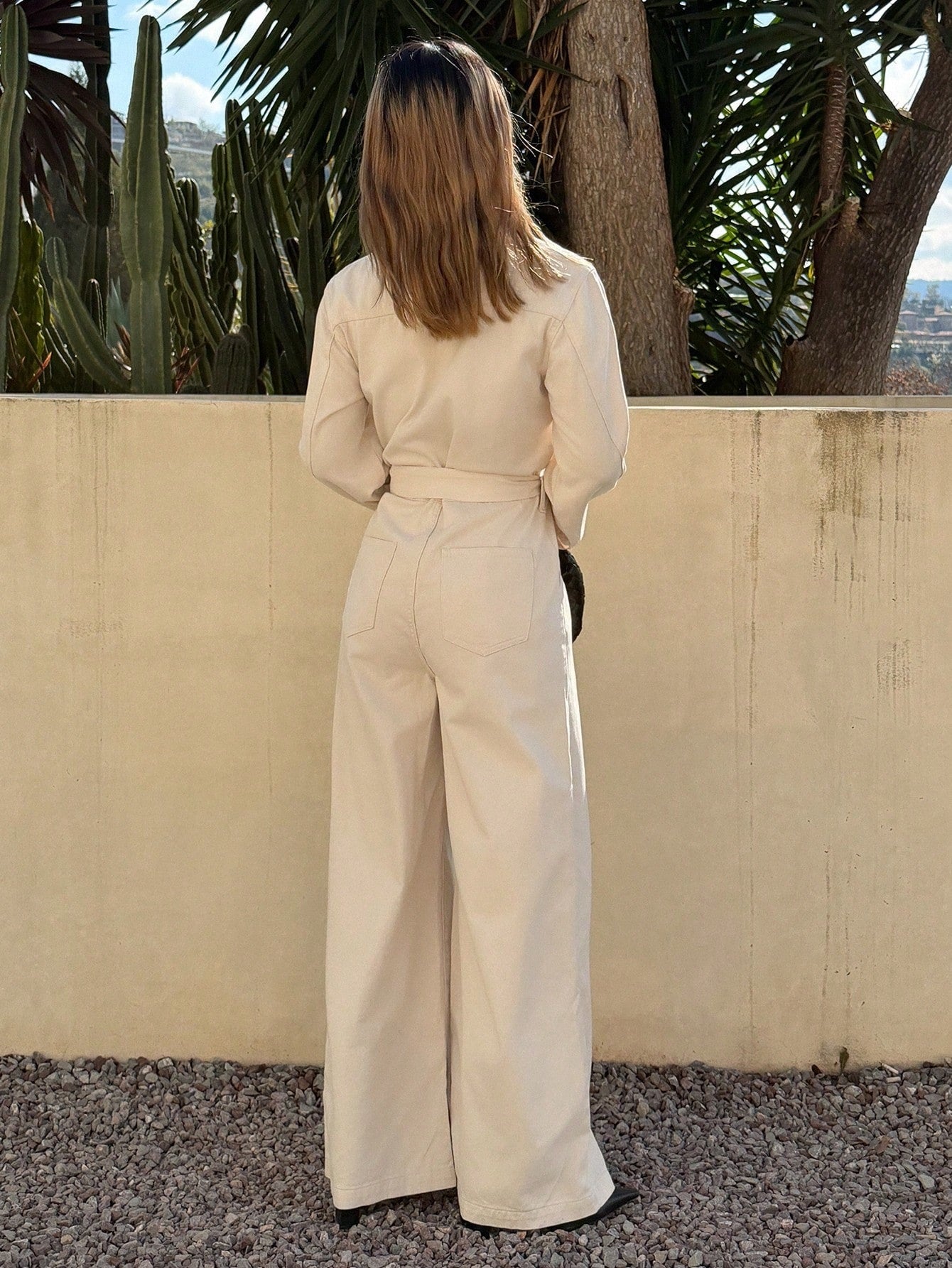 CM-JS831141 Women Casual Seoul Style Collared Pocket Long Sleeve Cinched Waist Denim Jumpsuit - Beige