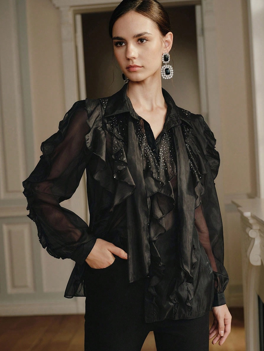 CM-TS616771 Women Elegant Seoul Style Chiffon Collar Neckline Long Sleeve Rhinestone Embellished Ruffle Blouse