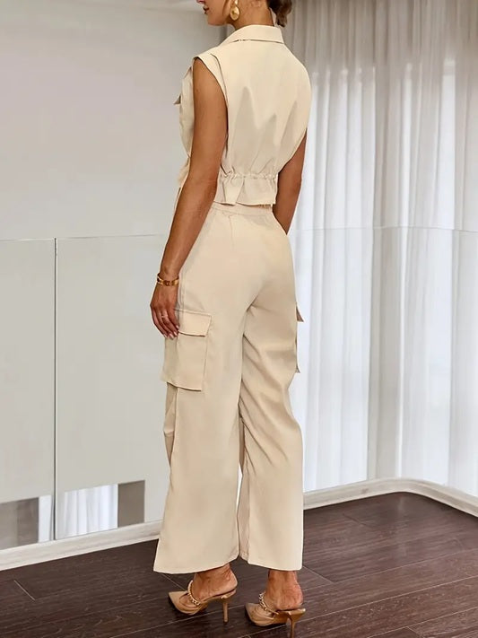 CM-ST491171 Women Elegant Seoul Style 3D Pocket Drawstring Waist Sleeveless Top With Pants - Set