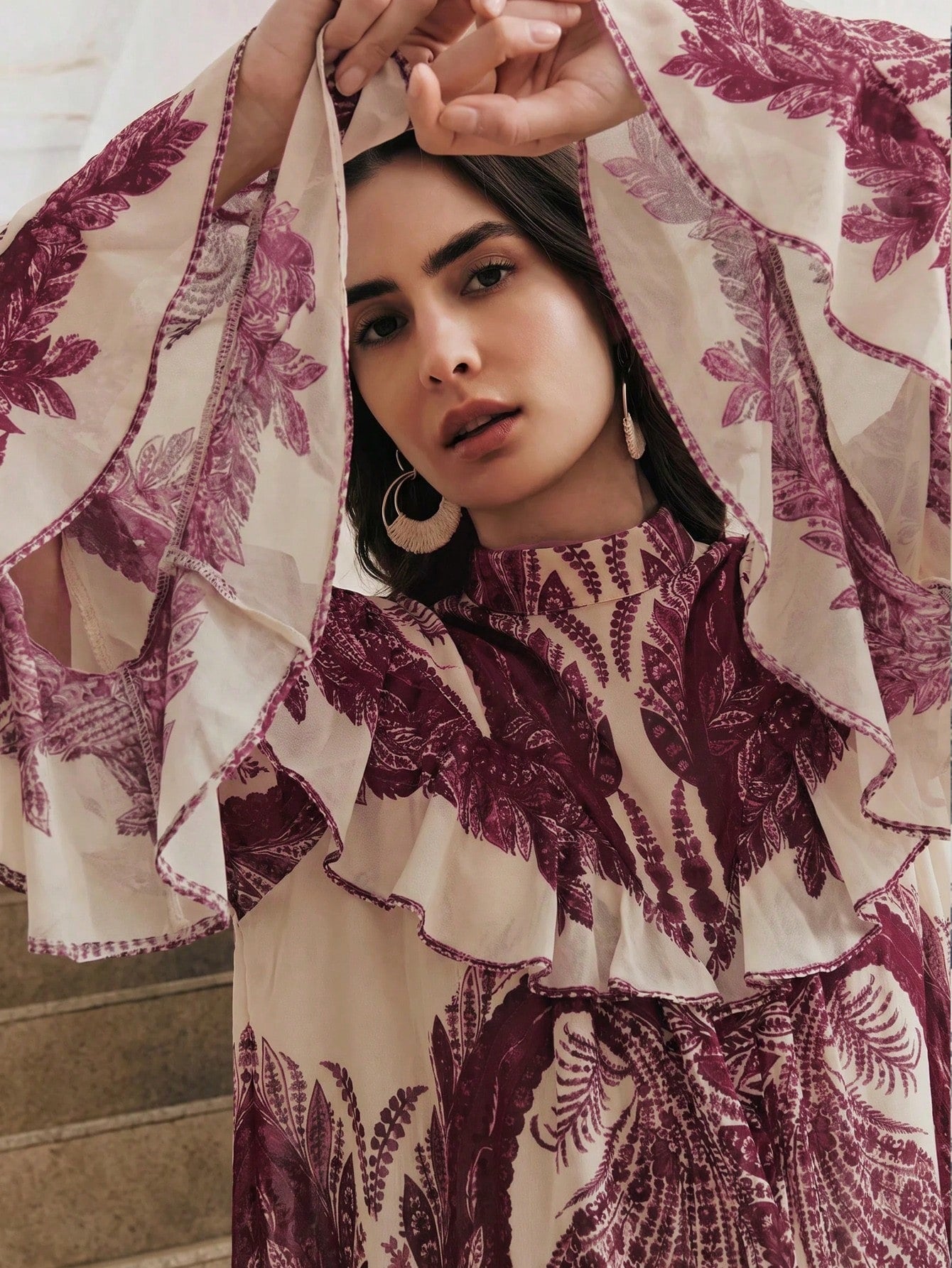 CM-TS762702 Women Trendy Bohemian Style Mock Necl Long Sleeve Plants Print Loose Blouse - Purple