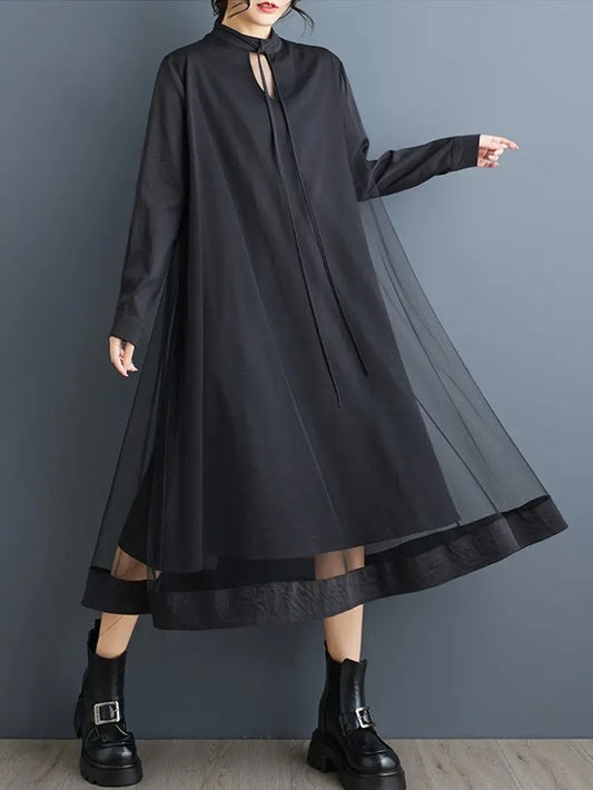 CM-DT757839 Women Elegant Seoul Style V-Neck Long Sleeve A-Line Flowy Midi Dress - Black