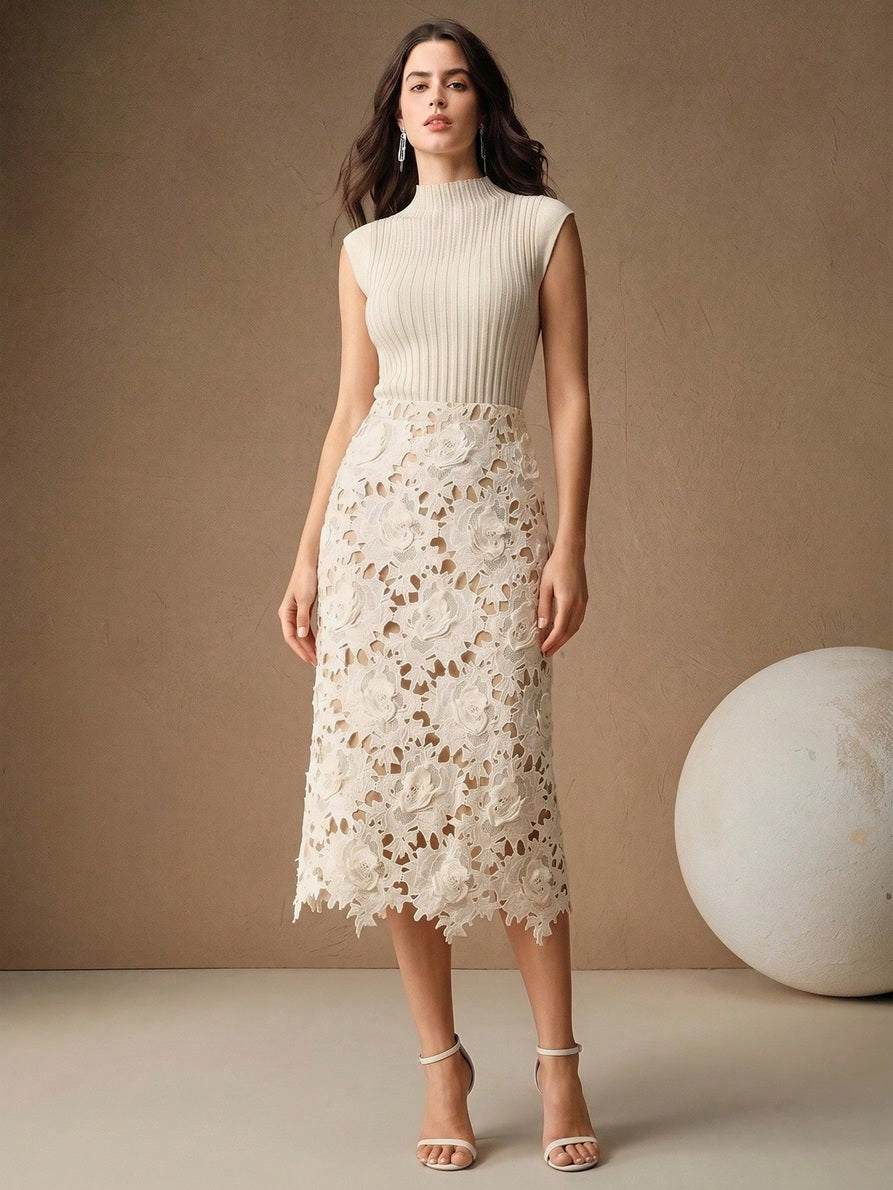 CM-BS297290 Women Elegant Seoul Style High Waist Lace Floral Asymmetrical Hem Bodycon Skirt - White