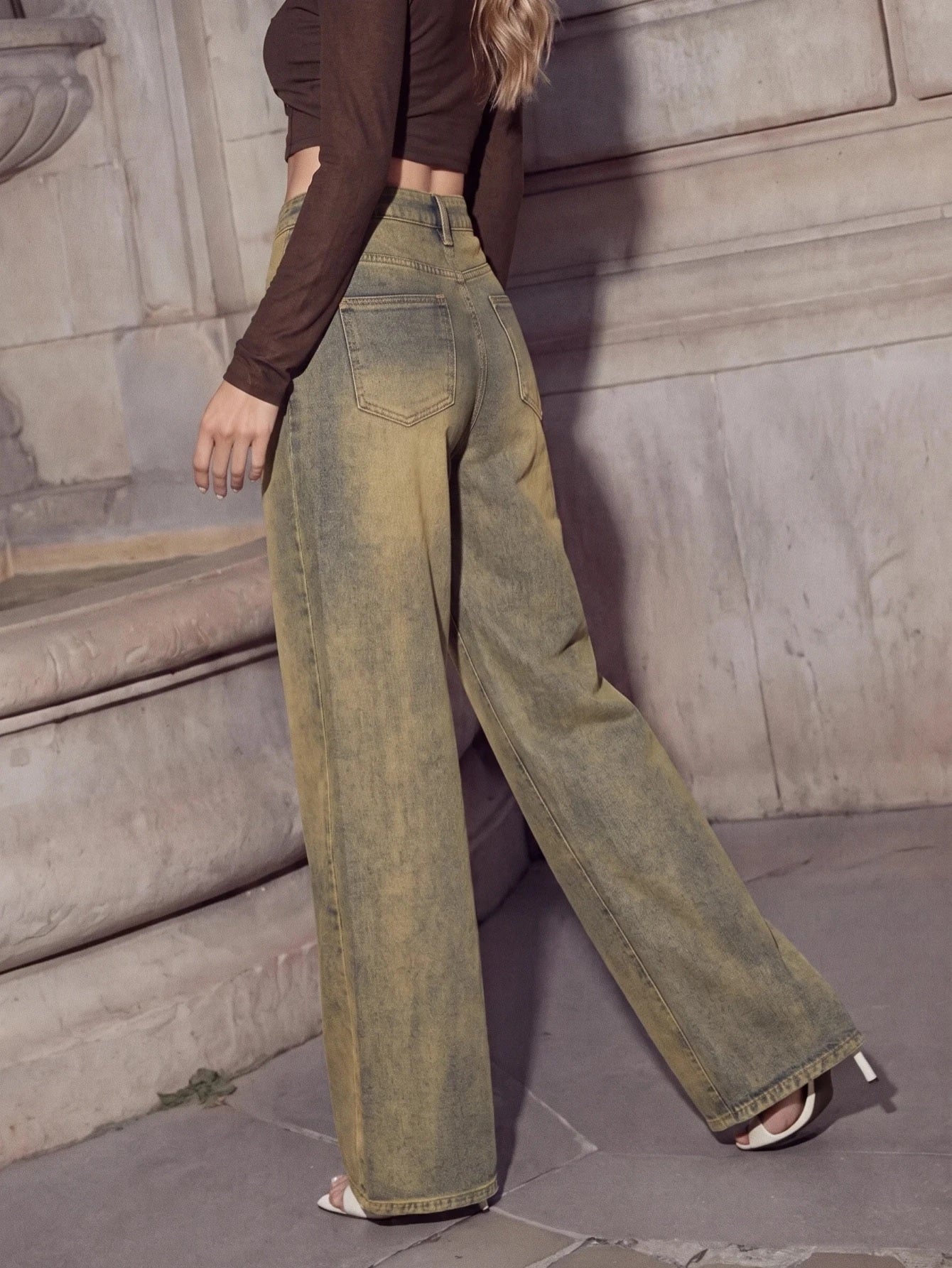 CM-BS038041 Women Casual Seoul Style Mid Waist Rhinestones Decor Wide Leg Denim Jeans - Blue