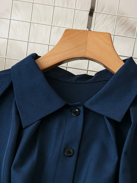 CM-DT360906 Women Elegant Seoul Style Collar Neckline Tie Waist Belt Long Sleeve Pleated Midi Dress  - Navy Blue