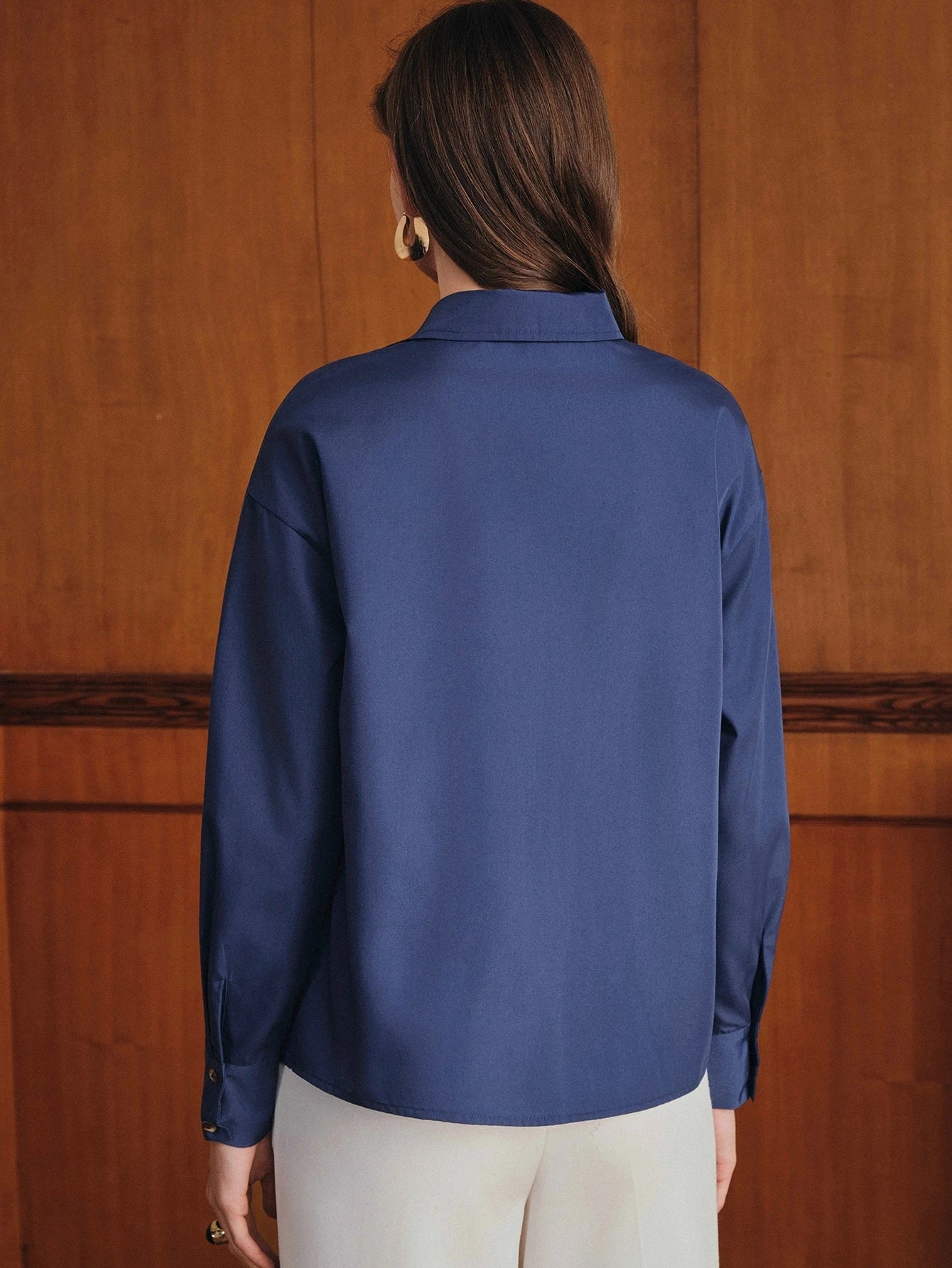 CM-TS778923 Women Elegant Seoul Style Collar Neckline Asymmetric Button Lapel Long Sleeve Blouse - Blue