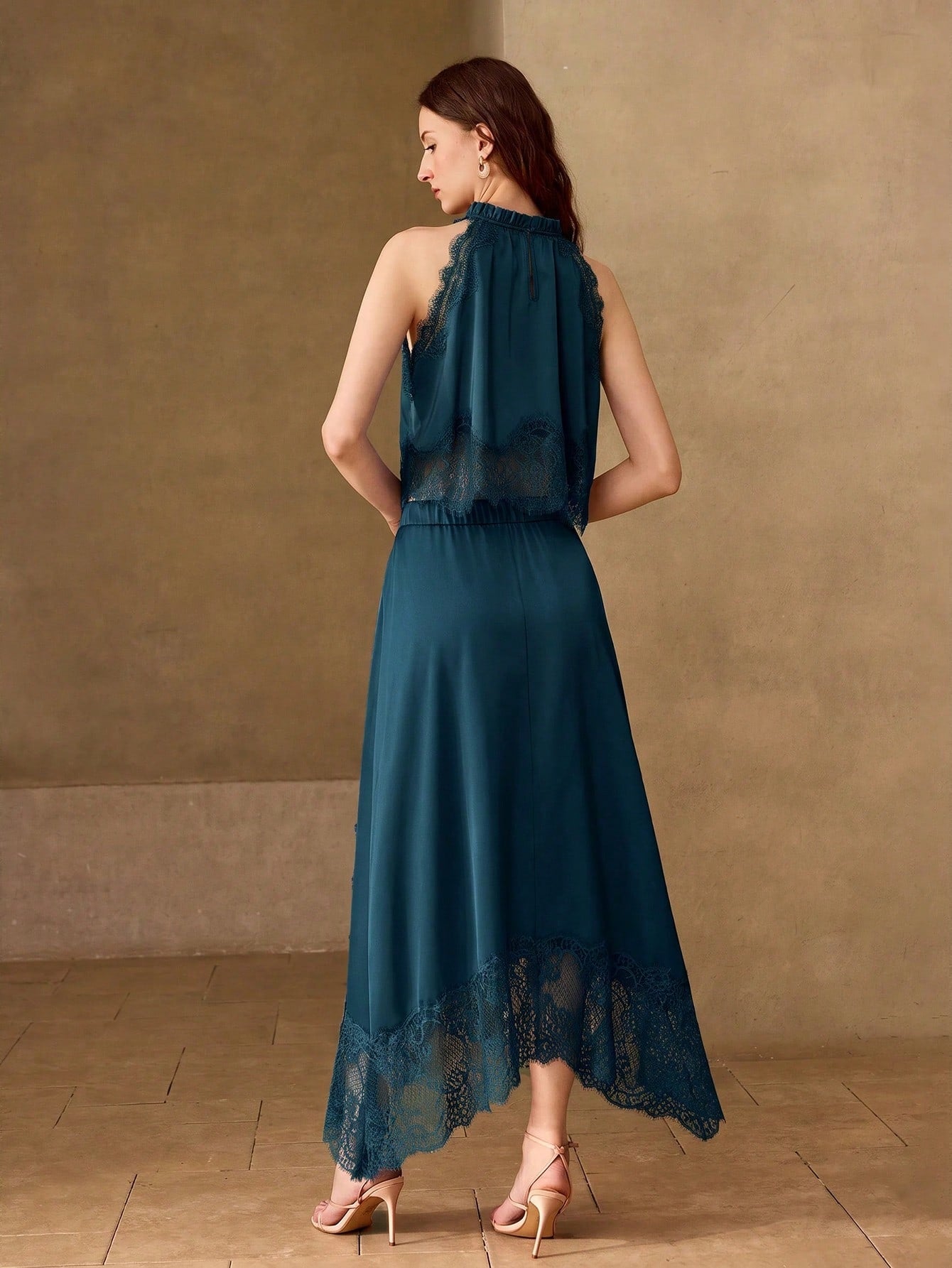 CM-SS361147 Women Elegant Seoul Style Lace Patchwork Cloak Sleeve Tank Top With Maxi Skirt - Set