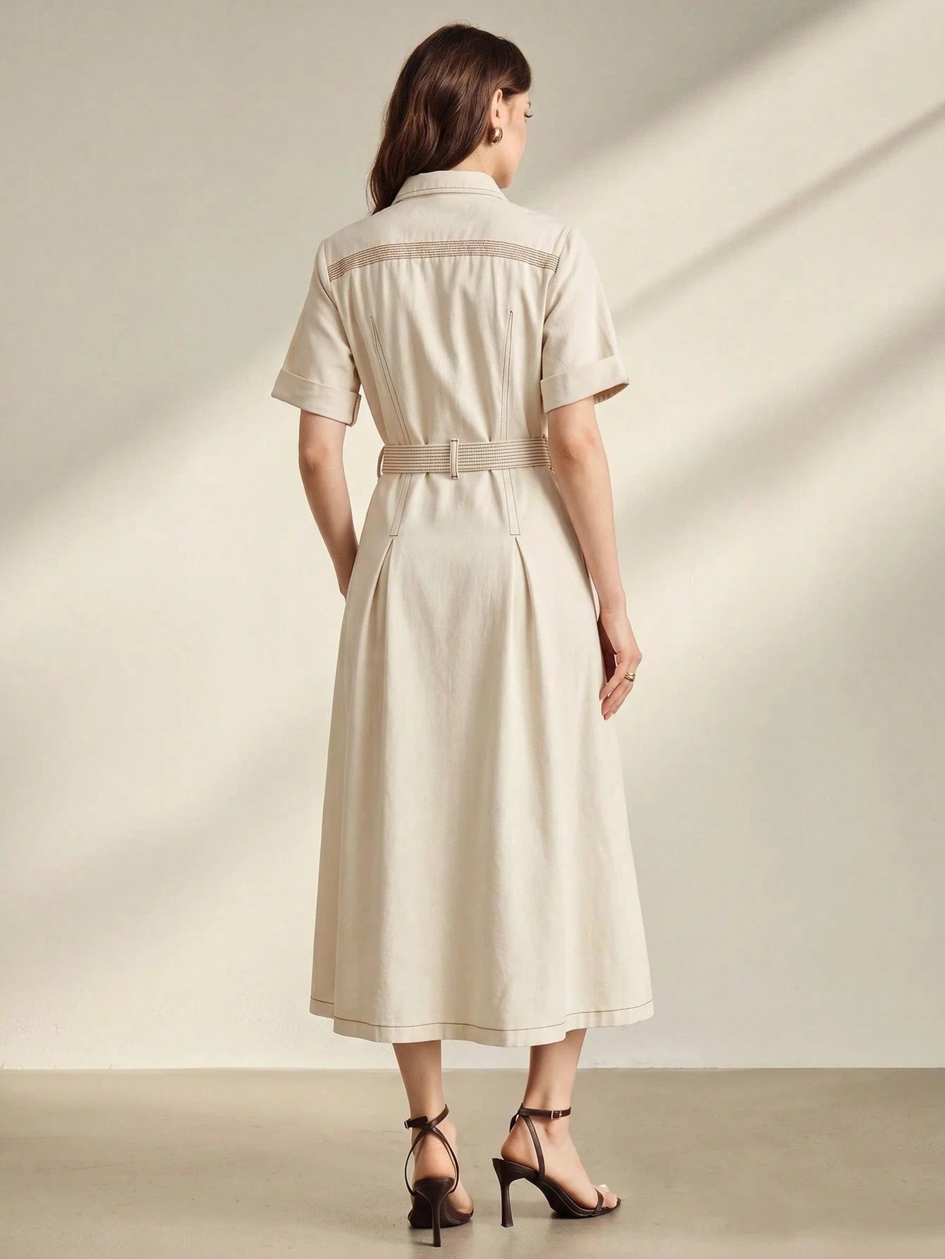 CM-DS359479 Women Elegant Seoul Style Collar Neckline Roll Up Sleeve High Waist Fitted Denim Dress - White