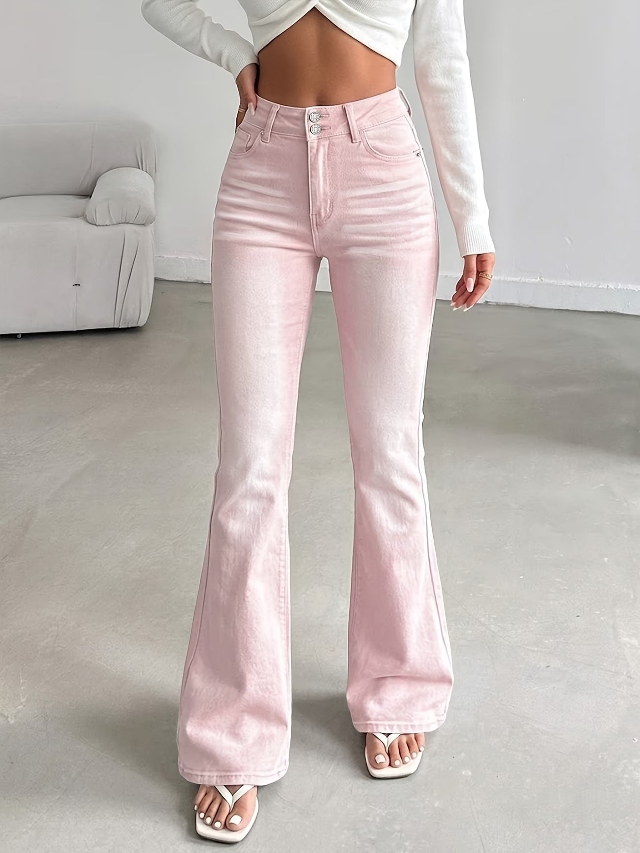 CM-BT754634 Women Casual Seoul Style High-Waisted Double Button Slim Fit Flare Jeans - Pink