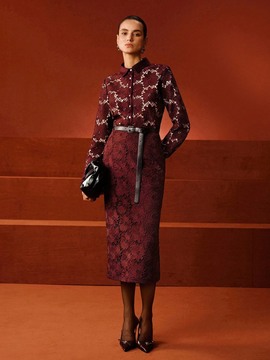CM-SS832993 Women Elegant Seoul Style Stand Collar Long Sleeve A-Line Lace Patchwork Blouse With Skirt - Set