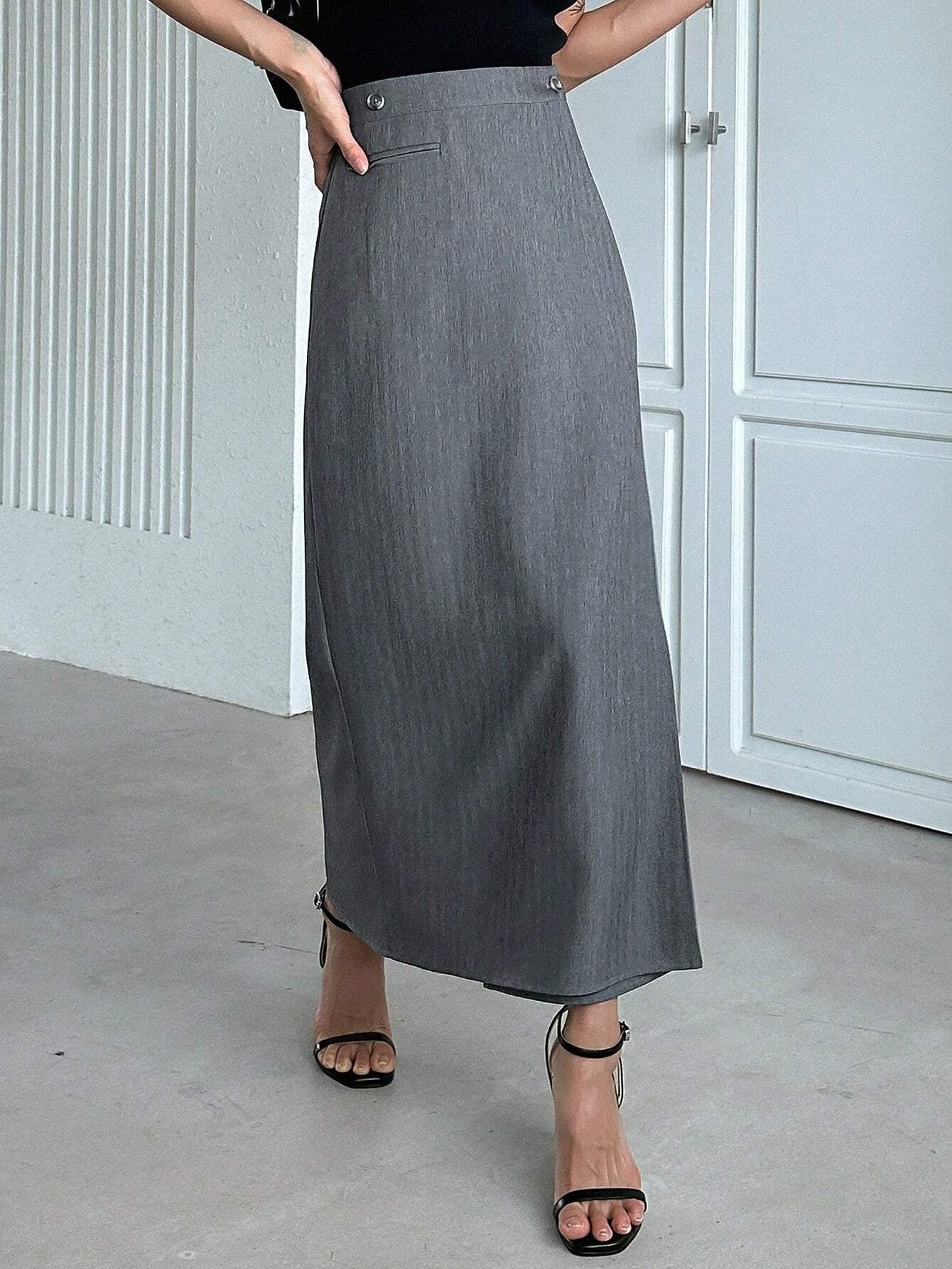 CM-BS413654 Women Elegant Seoul Style Solid High Waist Split Back Skirt - Gray