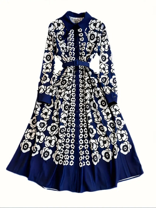CM-DT514431 Women Elegant Seoul StyleFloral Print Collar Neckline Long Sleeve A-Line Maxi Dress - Navy Blue