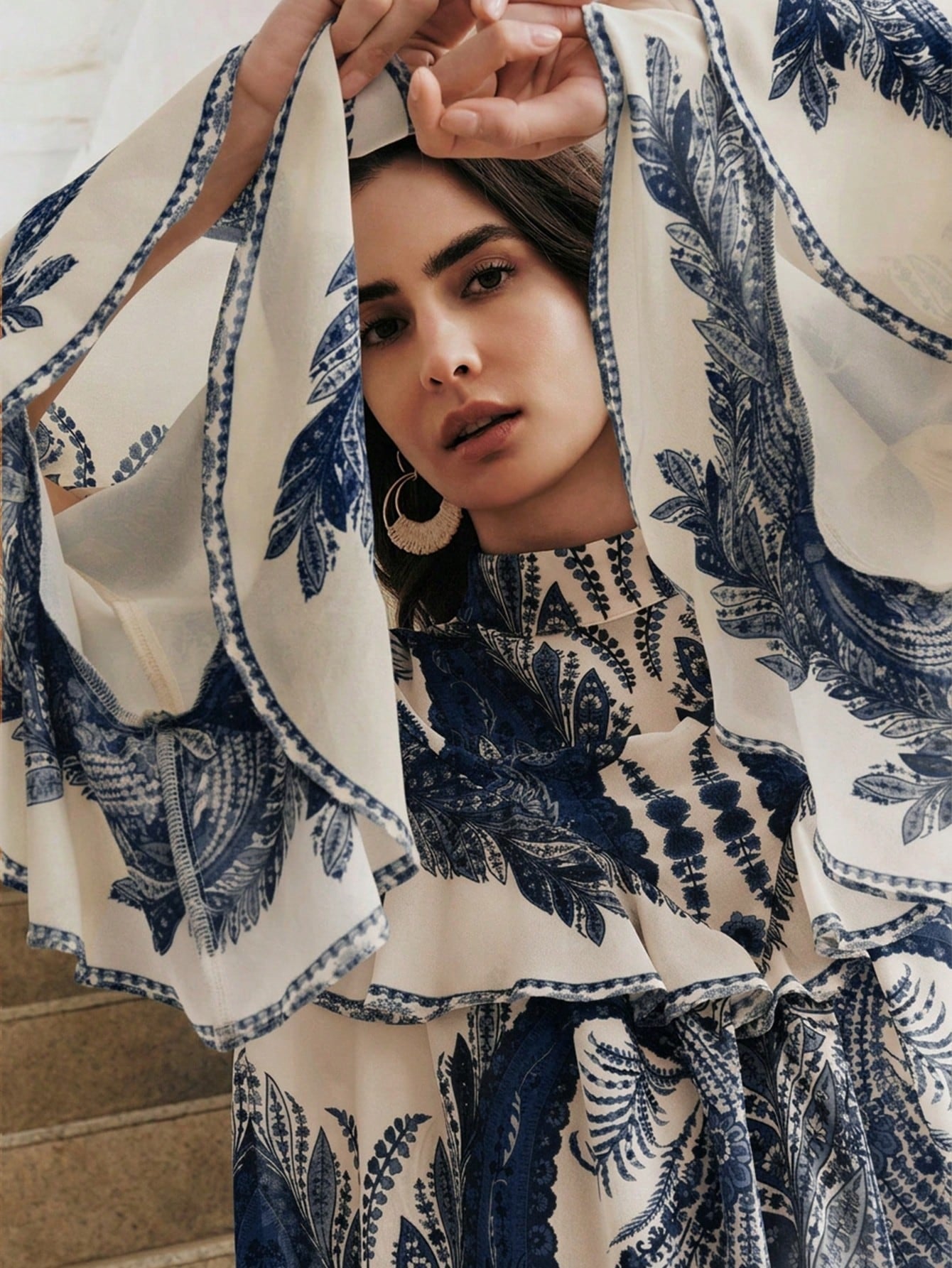 CM-TS393590 Women Trendy Bohemian Style Mock Necl Long Sleeve Plants Print Loose Blouse - Blue