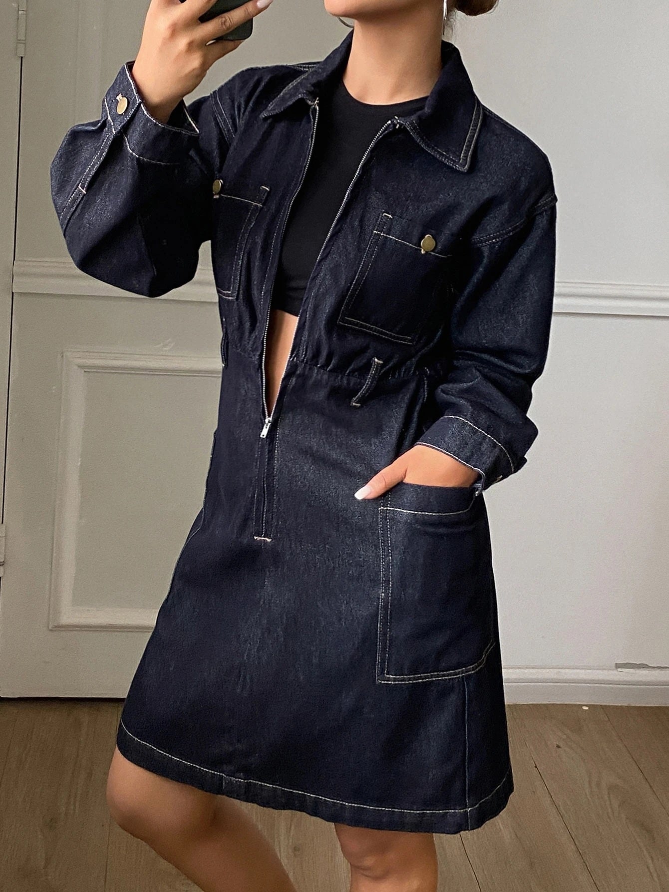 CM-DS937408 Women Casual Seoul Style Dark Wash Collar Neckline Wrist Length Sleeve Loose Fit Short Denim Dress