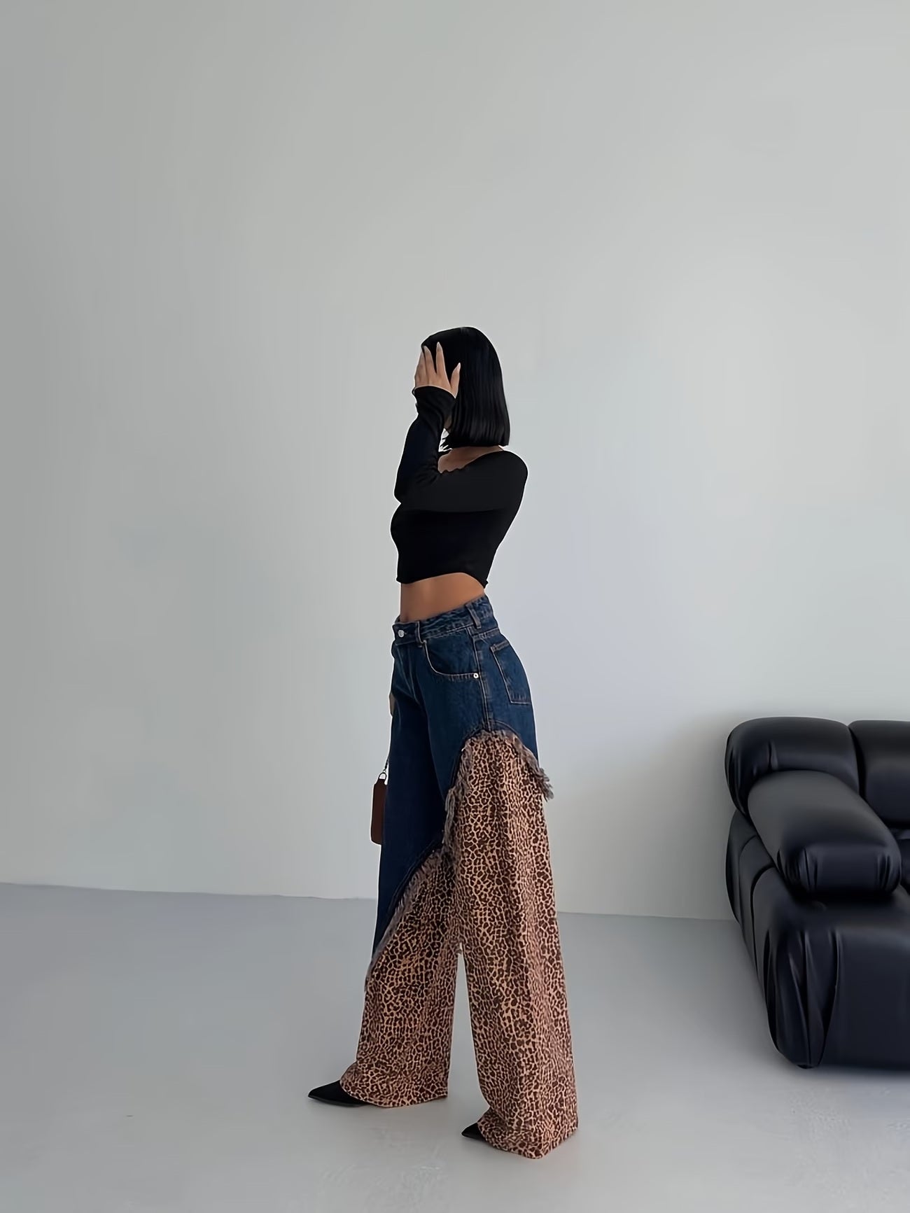 CM-BT012635 Women Casual Seoul Style Asymmetrical Frayed Leopard Patchwork Wide-Leg Denim Long Pants